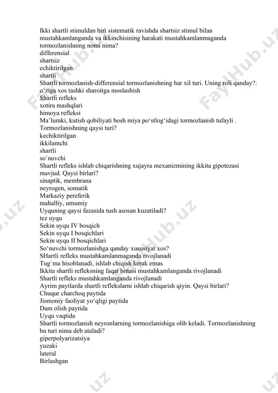 i tormozlanish neyronlarning tormozlanishiga olib keladi. tormozlanishning bu turi nima deb ataladi? giperpolyarizatsiya yuzaki lateral birlashgan shartli reflekslar qaysi holatda eng qiyin ishlab chiqariladi? diqqat jamlanganda aqliy ishda. uyg‘oqlik paytida jismoniy faoliyat yo‘qligi paytida uyqu vaqtida qaysi tormozlanish sensor tizimlarda ayniqsa muhim rol o‘ynab, kontrastli hodisani yaratishini belgilaydi? lateral retsiprok markaziy teskari shartli va shartsiz qo‘zg‘atuvchi shartli reflekslarning ta’sirlanish vaqtiga nisbatan bo‘linadi: bir vaqtning o‘zida, kechiktirilgan, iz 1-sonli, 2-sonli, 3-sonli tartibda oziq-ovqat, himoya, jinsiy sun’iy, tabiiy shartli reflekslarning qaysi retseptiv maydondan ishlab chiqarilishiga qarab ularni tasniflash mumkin: ekstra -, vissero -, proprioretseptiv. oziq-ovqat oziq-ovqat, himoya, jinsiy bir vaqtda, kechiktirilgan, iz shartli reflekslarni barcha ekstra- va interoretseptiv sohalardan chaqirish mumkin. nima uchun tushuntirib bering? o‘ziga xos retseptiv maydonga ega emas vaqtinchalik boglanish yo‘q retseptorlarning tizimsizligi togri javob yoq shartli refleks hosil qilish shartini ko‘rsating : shartli refleks shartsiz qo‘zg‘atuvchi bilan mustahkamlanishi shartli va shartsiz stimullar farq qilmaydi shartli va shartsiz stimullar …