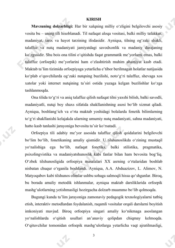 amal qilmasligi sababli yuzaga keladi. shu bois orfoepik ko‘nikmalarni shakllantirishda o‘qituvchining shaxsiy namunasi, darsdagi so‘zlashuv madaniyati va muntazam mashqlar muhim o‘rin tutadi. har bir darsda orfoepik izohlar berib borish, yangi so‘zlarni to‘g‘ri talaffuz qilishga e’tibor qaratish, diktantlarda og‘zaki variantdan foydalanish ham ijobiy samara beradi. orfoepiya til madaniyatining ajralmas qismi bo‘lib, uni o‘rgatish darslik, metodika va dars jarayonida ustuvor yo‘nalish bo‘lishi kerak. orfoepik bilim va ko‘nikmalarning to‘g‘ri shakllanishi o‘quvchilarni og‘zaki nutqda ifodali, aniq va adabiy talaffuzda so‘zlashishga o‘rgatadi. bu esa shaxsiy va ijtimoiy muvaffaqiyat uchun muhim vosita bo‘lib xizmat qiladi. shu bois, ona tili o‘qituvchilari zamonaviy metodlardan foydalangan holda orfoepiya sohasiga alohida e’tibor qaratishlari zarur. kurs ishining maqsadi: ona tili taʼlimi jarayonida o‘quvchilarda orfoepik me’yorlarga amal qilish ko‘nikmalarini shakllantirishga doir samarali metodlarni o‘rganish hamda dars jarayonida orfoepiyani o‘rgatishga doir metodik tavsiyalar ishlab chiqish. kurs ishining vazifalari: orfoepiya va uning tilshunoslikdagi o‘rni, vazifasi, asosiy tushunchalarini nazariy jihatdan o‘rganish. 1. o‘zbek tilida orfoepik …