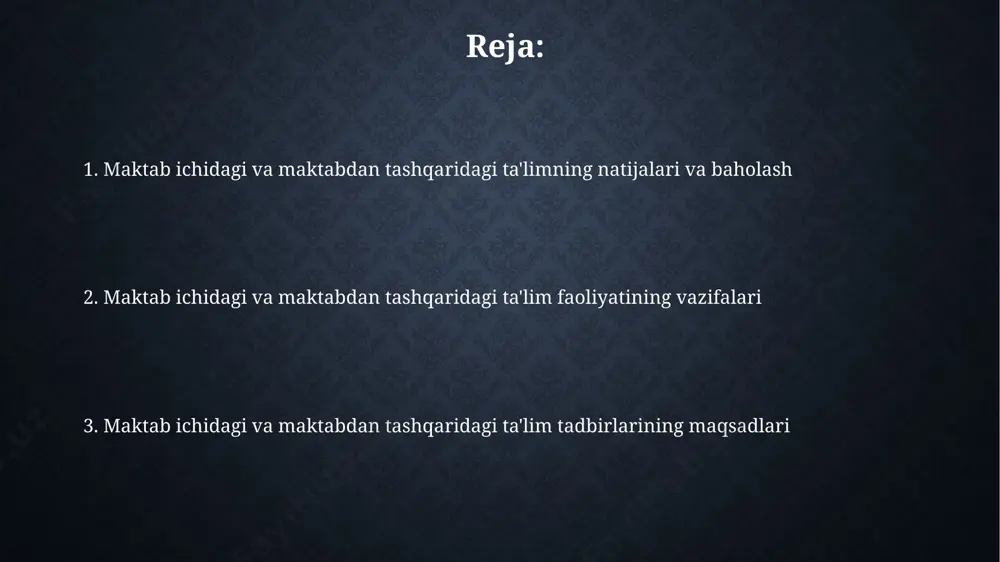 dan ortiq qatnashchi) o'quvchilarning jismoniy tayyorgarligini 30% ga oshirib, darslarda diqqatni jamlash qobiliyatini samarqanddagi 7-maktab misolida 15% yaxshilaydi. maktabdagi debat klublari (20 dan ortiq ishtirokchi) va maktabdan tashqari ingliz tili kurslari (100 soatlik dastur) birgalikda o'quvchilarning nutq so'zlash va tilni o'rganish ko'nikmalarini andijon viloyatidagi 3-litseyda 40% ga yaxshilaydi. maktab ichidagi ta'lim faoliyatining vazifalari maktab ichidagi ta'lim faoliyatining asosiy vazifalaridan biri – o'quvchilarning bilim va ko'nikmalarini 10-11 yoshgacha bo'lgan davrda rivojlantirish, shuningdek, samarqanddagi maktablarda amaliy bilimlarni shakllantirishdir. toshkentdagi maktablarda o'quv jarayonining samaradorligini oshirish maqsadida, yangi pedagogik texnologiyalarni qo'llash orqali o'quvchilarning 70% ga yaqinini 5 yil ichida oliy o'quv yurtlariga tayyorlash rejalashtirilgan. maktabdan tashqari ta'lim faoliyatining maqsadlari maktabdan tashqari ta'lim faoliyati, masalan, toshkent shahridagi 5 dan ortiq turli sport seksiyalari orqali, o'quvchilarning jismoniy sog'lig'ini mustahkamlash va 1000 dan ortiq bolaning sportga qiziqishini oshirishga qaratilgan. maktabdan tashqari ta'lim faoliyatining asosiy maqsadlaridan biri – o'quvchilarning intellektual salohiyatini rivojlantirish, jumladan, andijon shahridagi 15 ta fan …
