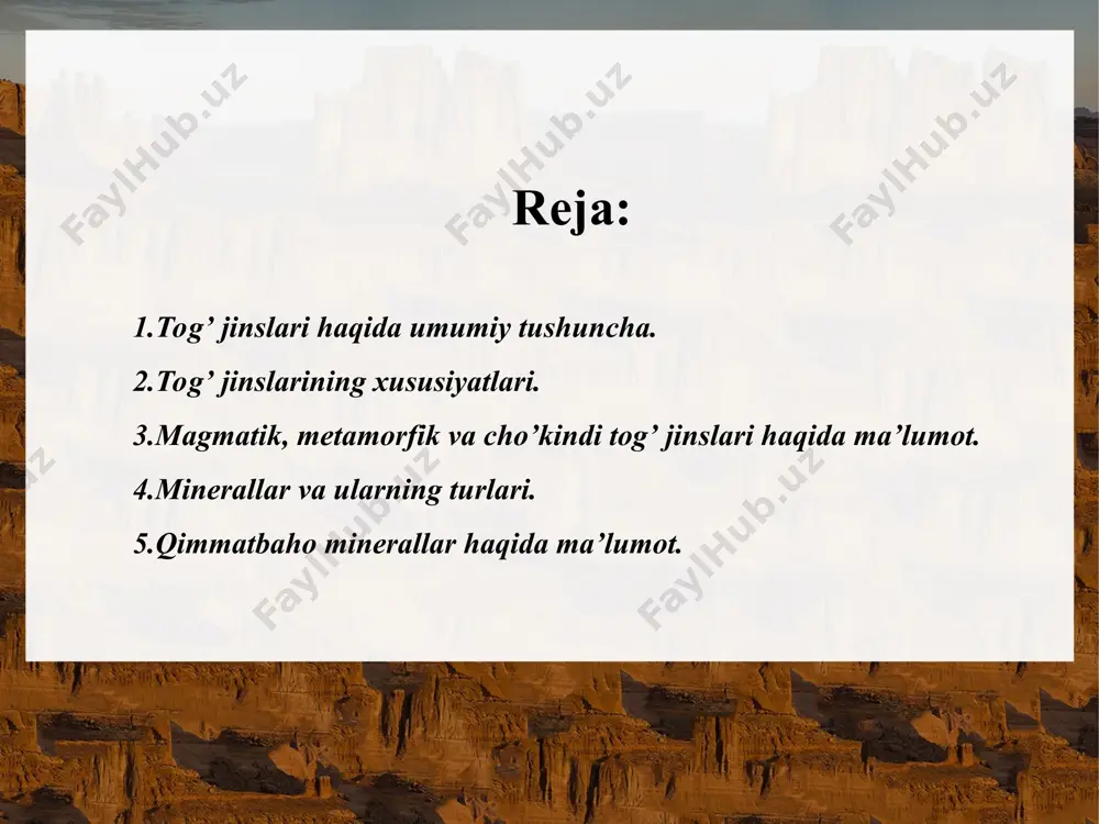 uvchanligi ham ularning gʻovakliligi bilan aniqlanadi. magmatik tog’ jinslarida gazli boʻshliklar miqdori 60— 80% ga yetadi (masalan, pemza va pemza tuflari). choʻkindi tog’ jinslarida choʻkindi hosil boʻlish jarayonida gʻovakchalar vujudga kelib, sementlanish vaqtida berkilishi yoki saqlanib qolishi mumkin. metamorfik tog’ jinslarida gʻovakchalar kam buladi, faqat yoriqlar (darzliklar) boʻlib, ular jinslar soviyotganda paydo boʻladi. tog’ jinslarining zichligi ularning gʻovakligi va mineral tarkibi bilan bogʻliq. rudali minerallar yuqori zichlikka ega (masalan, piritda — 5000 kg/m3 gacha, galenitda 7570 kg/m3 gacha). choʻkindi togʻ jinslari minerallarining zichligi kam (masalan, tosh tuzining zichligi 2,2 g/ sm3). tog’ jinslarining issiqlik sigʻimi va hajmning issiqlikdan kengayish koeffitsenti birinchi galda ularning mineral tarkibi bilan aniqlanadi. tog’ jinslarining mustahkamlik, taranglik xususiyatlari, issiqlik va elektr o’tkazuvchanligi, asosan, jinslarning tuzilishi va ayniqsa donachalarning uzaro bog’lanish kuchiga bogʻliq. fizik xossalari qatlam tekisliklari yoʻnalishida bir xil boʻlsa, koʻndalang yoʻnalish boʻylab boshqacha boʻladi. tog’ jinslarining choʻzilishga chidash darajasi, issiqlik oʻtkazuvchanlik, elektr oʻtkazuvchanlik, dielektrik va …
