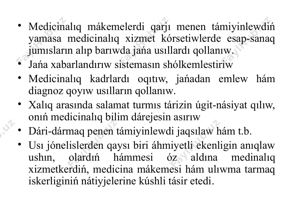 heliklerge itibar qaratıw kerek: awıl xalqınıń tıǵızlıǵına. oraylasqan emlewxanaǵa shekemgi aralıq hám jol infrastrukturasınıń jaǵdayına. jámiyet transport sisteması rawajlanǵanlıǵına, baylanıs sisteması jaǵdayına. turmıstıń social-ekonomikalıq sharayatınıń jaǵdayına. awıl xalqına medicinalıq xizmet kórsetiw 2 tiykarǵı basqıshta alıp barıladı: awıl shıpakerlik punkti (ashp). rayon medicina birlespesi (rmb)- quramına kiriwshi rayon kóp tarmaqlı poliklinika hám oraylıq emlewxanası. awíl xalqína medicinalíq járdem kórsetiwdiń; i- basqíshí awıl xalqına birinshi basqıshta medicinalıq járdem kórsetiwshi mákeme - bul awıllıq shıpakerlik punktleri (házirgi waqıtta qaraqalpaqstan respublikasında 188 ashplar xalıqqa birlemshi medicinalıq sanitariya járdemin kórsetip kelmekte). bunnan basqa ayrım aymaqlarda (shól, tawlı hám rayon orayınan hám bar bolǵan ashp tarmaǵınan uzaqta jaylasqan) xalıqqa bul basqıshta awıllıq uchastka emlewxanaları, fap sıyaqlı medicinalıq mákemeler medicinalıq sanitariya járdem kózrsetpekte. awıllıq shıpakerlik punkti – bul xalıqqa qániygelestirilgen shıpakerlik medicinalıq járdem kórsetiwshi tiykarǵı emlew-profilaktikalıq mákeme bolıp esaplanadı. ashpnıń iskerligi ózbekstan respublikası den sawlıqtı saqlaw ministrliginiń 2009-jıl 23-marttaǵı 80-sanlı buyrıǵı menen belgilengen ashp xalqınıń sanı 1500 …