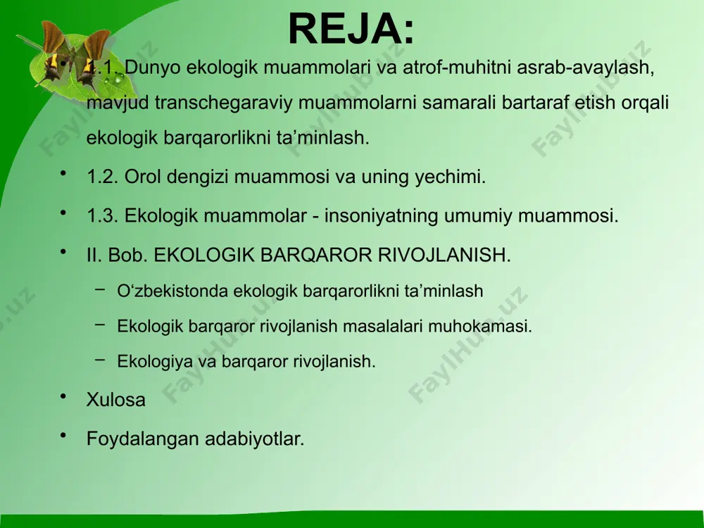 . «ekologik madaniyat» degan tushuncha zamirida ayni shu holatlar oqibatini anglash, tabiat va jamiyat qonunlariga mos tarzda hayot kechirish talablari mujassamdir. ekologik madaniyat ham umuminsoniy madaniyatning ajralmas qismi, uning muhim ko'r-satkichi hisoblanadi. usiz insonni to'la ma'noda madaniyatli, ma'naviyatli deb bo'lmaydi. yer yuzida shunday murakkab ekologik muammolar paydo bo'lmoqdaki, ular nafaqat ayrim davlatlar, balki butun insoniyatning kelgusi hayotini, odamzod tirikligini jiddiy xavf ostida qoldirishi mumkin. bunday muammolar sirasiga atmosfera ozon qatlamining yemirilishi, chuchuk suv zaxiralarining kamayishi, abadiy muzliklarning eriyotgani, jahon okeanining va kosmik fazoning illoslanishi, dunyoning «qizil kitobi»ga kiritilgan noyob o`simlik va hayvonlarning keskin kamayib borayotgani va boshqa ko`plab dolzarb muammolarni kiritish mumkin. afsuski, bizga sobiq sho'rolar davlatidan og'ir ekologik muam­molar ham meros bo'lib qolgan. ulardan eng kattasi, bilasizki, orol dengizi, qurishi hilan bog'liq. o'zbekiston bu masalaning ijobiy yechimini topish, muammoni yanada chuqurlashishining oldini olish, orolbo'yi hududida yashovchi aholini har jihatdan muhofaza qilish borasida ko'plab chora-tadbirlarni ko'rmoqda. respublikamiz rahbariyati bu murakkab …