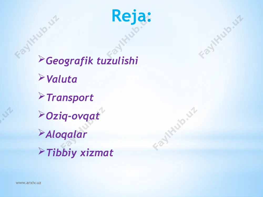 aradi. www.arxiv.uz mamlakat temir rudasi, ko’mir, rangli metall, neft, gaz, mineral tuzlar, tuproq va potentsial kuch suv kabi tabiiy resurslarga boy. u, asosan kiev, har’kov, odessa, dnepropetrovsk, donetsk, zaporoj’e, dneprodzerjinsk, l’vov, nikolaev va boshqa katta shaharlarda jamlangan xilma-xil sohalarni ishlab chiqdi. ukrainada uchqichlar va kemalar, yukulovlari va avtobuslar, avtoulovlar va lokomotivlar, komputerlar va elektr jihozlari, aniq asboblar va qishloqxo’jalik mashinalari, tele va radiomarkazlar, ximiyo sanoati va tekstil, shunungdek turli xalq iste’mol mollari ishlab chiqariladi. odessa, sevastopol, nikolaev, herson va kerch ukrainali asosiy portlar. ukraina demokratik respublika. fuqarolar, ovoz berish yo’li bilan o’zining prezidentini, parlament (verxovnaya rada, верховная рада), shaharlar merlarini va maxaliy, viloyat va shahar kengashlariga deputatlarni saylaidi. ukraina konstitutsiyasi o’z fuqarolariga haftasiga 40 ish soatini tayinlaidi, shunungdek har yillik ta’tilni kafillaidi. ukraina konstitutsiyasi va qonunlari fuqarolarni ularning siyosiy e'tiqodi va millati uchun ta’kib qilmaydilar. www.arxiv.uz ukraina ta’lim tizimi jahonda eng taraqqiy topganlarining biri hisoblanadi, u mahalliy va xorijiy talabalarga …