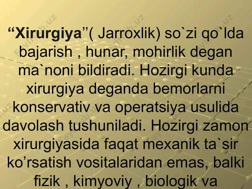 ay qolishi) aniqlangandan so'ng darhol dastlabki ikki soat ichida qilinadi zudlik bilan qilinadigan operatsiyalar bemorlar kasalxonaga keltirilgandan so'ng dastlabki 1-2 soat ichida amalga oshiriladi.chunki jarayonning tez rivojlanishi munosabati bilan ular inoperabel bo’lib qolishi mumkin xavfli o'smalar, ichakning tashqi oqma yaralari, og'ir tug'ma yurak kasalligi rejali operatsiyalar istalgan paytda qilinishi mumkin, shu bilan birga bemorni jarrohlik yo'li bilan davolashga tayyorlash bir-ikki kunga, zaruriyat tug'ilib qolsa bir necha haftaga cho'zilishi mumkin potensial kontaminatsiya darajasi bo'yicha operatsiyalar 4 guruhga ajratiladi: 1) toza; 2) shartli-toza (me'da-ichak yo’li a'zolari va nafas a'zolari bo'shlig'i (oralig'i) ochiladi); 3) ifloslangan(kovak organlar ichidagisining jarohatga muqarrar tushishi); 4) iflos yoki birlamchi kasallik yuqtiruvchi operatsiyalar. operatsiyadan oldingi epikriz 1) diagnozning asoslangani; 2) operatsiya uchun ma'lumotlar; 3) operatsiya rejasi; 4)og'riqsizlantirishning turi. xirurgik operatsiya murakkab ish bo'lib, unda uch asosiy bosqich tafovut qilinadi 1. operatsiyaga tayyorgarlik davri va bemorni operatsiyaga tayyorlash; 2. xirurgik operatsiyaning o'zi; 3. operatsiyadan keyingi davrda bemorni intensiv kuzatish va …