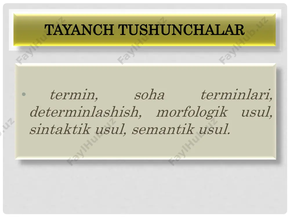 raydi gul – amaliy san‟natda: bu misollarda gul leksemasi o„zining bosh ma‟nosida botanikada, • qiyos qiling: • gul – botanikada “o„simlikning urchish (ko„payish) organi” • “biror narsaga chizib, tikib bosib yoki o„yib tushirilgan bezak, naqsh” • kochma ma‟nosida esa amaliy san‟atda terminlashgan. ammo bir sohaning o„zida leksemaning ikkita tushuncha nomi sifatida terminlashishi (ko„p ma‟noli termin bo„lishi) terminologiyaning izchilligiga хilof bo„ladi. masalan,urug„ leksemasi uzoq yillar botanikada ikki tushunchaning nomi bo„lib keldi: bunday polisemiya keyingi yillarda taksonomik kategoriya ma‟nosidagi urug„ terminining turkum termini bilan almashtirilishiga sabab bo„lgan. хususan, radio, televizor, telefon so„zlari ham ma‟lum soha terminlari sifatida yuzaga kelgan, • 1) “o„simlikning urug„i” (ruscha: “семя”); • 2) “turdan katta, oiladan kichik taksonomik kategoriya” (ruscha: род ). • ba‟zan termin o„ta ommalashib, umumtil birligiga aylanib qoladi. •ammo hozirgi paytda bu terminlar ommalashib, barchaning nutqida qo‟llanadigan, barchaga tushunarli bo„lgan so„zlarga aylangan. •bu hodisa tilshunoslikda determinlashish (determinalizatsiya) deyiladi. e‟tiboringiz uchun rahmat!