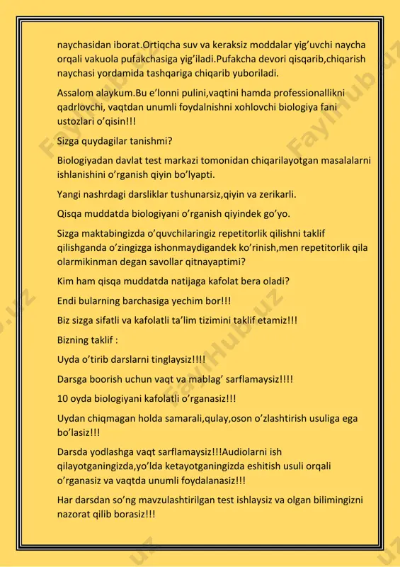 bo’lasiz!!! darsda yodlashga vaqt sarflamaysiz!!!audiolarni ish qilayotganingizda,yo’lda ketayotganingizda eshitish usuli orqali o’rganasiz va vaqtda unumli foydalanasiz!!! har darsdan so’ng mavzulashtirilgan test ishlaysiz va olgan bilimingizni nazorat qilib borasiz!!! biologiya o’rganishning eng oson va tezkor usulidan foydalana boshlaysiz!!!mutlaqo yangi sirni kashf etasiz!!! bir oydan so’ng o’zingizga bo’lgan ishonchni xis eta boshlaysiz va repetitorlikka qo’rqmasdan qadam qo’yasiz!!! repetitorlik qilish uchun barcha mavzulashtirilgan testlar va ajoyib hech qayerda yo’q qo’llanmalarga ega bo’lasiz!!! attestatsiya testlaridan 90% dan yuqori darajada test ishlash mahoratiga ega bo’lasiz!!! eng qiziq tarafi noyob mutaxasisdan saboq olasiz va amalda qo’llashni o’rganasiz!!! !!!juda ma’qul dedingizmi? !!!unda darslarda qatnashish uchun xoziroq ro’yhatdan o’ting. tel raqam:+99893 788 16 56. repetitor biolog:ziyodullo alihonov. telegram orqali:@bioloog. oylik to’lov:60 ming so’m. darslarimiz haftasiga 4 kun,1,5-2 soatdan bo’lib o’tadi,sizga qulay bo’lgan vaqtda. biologiya noldan boshlab o’rgatiladi.