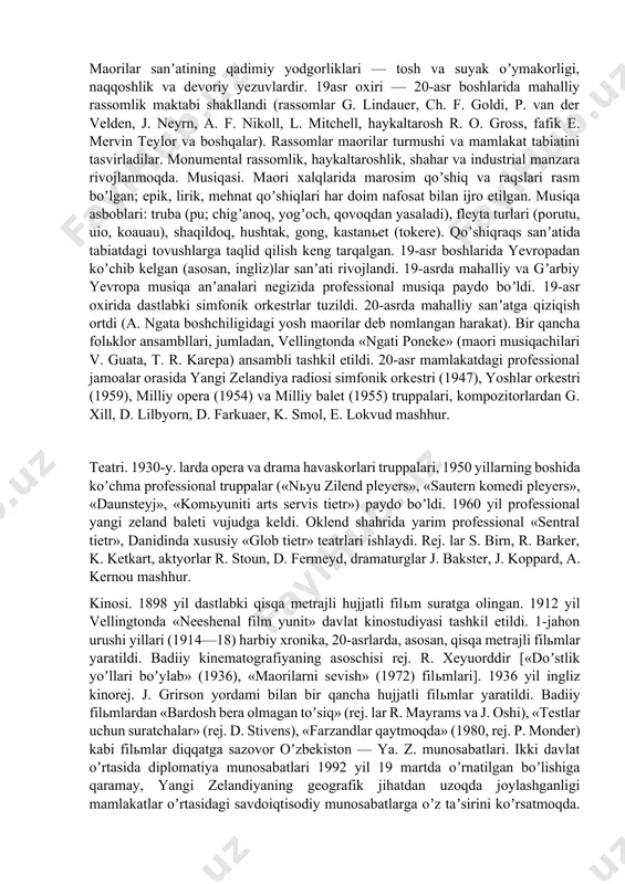 dioeshittirishi va teleqoʼrsatuvi. yangi zelandiyada bir qancha gaz. va jur. nashr etiladi. yiriklari: «dominion» (kundalik gaz., 1907 yildan), «ivning post» («kechki pochta», kechki kundalik gaz., 1865 yildan), «nьyu zilend geralьd» («yangi zelandiya xabarchisi», kundalik gaz., 1863 yildan), «nьyu trus» («yangi haqiqat», haftalik gaz., 1904 yildan), «otago deyli tayms» («otago provintsiyasi kundalik vaqti», kundalik gaz., 1861 yildan), «press» («matbuot», kundalik gaz., 1861 yildan), «soushelist politiks» (jur.). nьyu zilend press аssoshieyshn, yangi zelandiya kundalik gaz. larning kooperativ birlashmasi, 1879 yil asos solingan. «radio nьyu zilend» radiosi 1936 yil, «televiji nьyu zilend» televideniesi 1960 yil tashkil etilgan. аdabiyoti 19-asr oʼrtalaridan ingliz tilida rivojlanmoqda. 19-asr oʼrtalarida va undan keyingivaqtlardagi yozuvlarda maorilarning boy folьklori (afsona, rivoyat, qoʼshiq, maqol) saqlangan. dastlabki yangi zeland adabiyoti asarlari ingliz adabiyoti anʼanalari asosida barpo etildi. 19-asrning 50 — 80-y. laridagi shoirlar а. domett va t. brekken asarlari romantik yoʼnalishda yaratiddi, u. golder va j. barr sheʼriyatida erksevarlik ruhi namoyon boʼldi. …