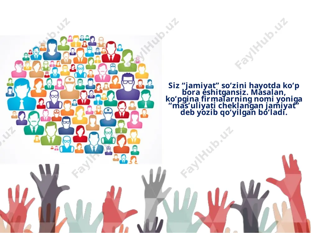 hovchi, o‘z ehtiyoj va manfaatlariga ko‘ra birlashgan kishilardan iborat jamoa. jamiyat turli odamlarning oddiy guruhi yoki jamoasi emas. jamiyat – murakkab ijtimoiy tuzilma. u – odamlarning o‘zaro munosabatlari, aloqalari mahsuli. savol va topshiriqlar 1. ibtidoiy jamoa tuzumi davrida odamlar qanday kun kechirganlar? 2. “har qanday jamiyat jamoadir” degan fi krni asoslab bering. 3. “har qanday jamoa ham jamiyat bo‘la olmaydi” degan fi krni asoslab bering. 4. jamiyat uchun iqtisodiy munosabatlarning qanday ahamiyati bor? 5. o‘zingizning jamiyatdagi rolingizni kuchaytirish uchun kelajakda nimalarga erishishni istar edingiz? 6. “jamiyatni boshqaruvsiz tasavvur qilib bo‘lmaydi” degan mulohazaga siz qanday qaraysiz? fikringizni asoslang. 7. “jamiyat – ijtimoiy munosabatlar majmui, yig‘indisi”, – degan e’tirof zamirida nimalar yotibdi deb o‘ylaysiz? image1.png image2.jpeg image3.jpeg image4.jpeg image5.jpeg image6.jpeg image7.jpeg image8.jpeg image9.jpeg image10.jpeg image11.jpeg image12.jpeg image13.jpeg image14.jpeg image15.jpeg image16.jpeg native american showing wapum to friend /docprops/thumbnail.jpeg