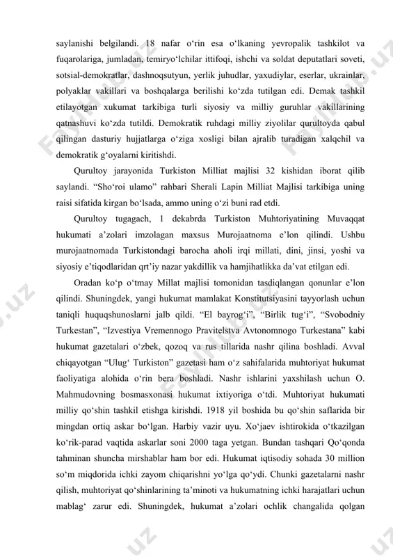 obodniy turkestan”, “izvestiya vremennogo pravitelstva avtonomnogo turkestana” kabi hukumat gazetalari o‘zbek, qozoq va rus tillarida nashr qilina boshladi. avval chiqayotgan “ulug‘ turkiston” gazetasi ham o‘z sahifalarida muhtoriyat hukumat faoliyatiga alohida o‘rin bera boshladi. nashr ishlarini yaxshilash uchun o. mahmudovning bosmasxonasi hukumat ixtiyoriga o‘tdi. muhtoriyat hukumati milliy qo‘shin tashkil etishga kirishdi. 1918 yil boshida bu qo‘shin saflarida bir mingdan ortiq askar bo‘lgan. harbiy vazir uyu. xo‘jaev ishtirokida o‘tkazilgan ko‘rik-parad vaqtida askarlar soni 2000 taga yetgan. bundan tashqari qo‘qonda tahminan shuncha mirshablar ham bor edi. hukumat iqtisodiy sohada 30 million so‘m miqdorida ichki zayom chiqarishni yo‘lga qo‘ydi. chunki gazetalarni nashr qilish, muhtoriyat qo‘shinlarining ta’minoti va hukumatning ichki harajatlari uchun mablag‘ zarur edi. shuningdek, hukumat a’zolari ochlik changalida qolgan turkiston aholisiga orenburg orqali g‘alla keltirish muammosini hal qilish uchun ham amaliy qadamlar tashladi. turkiston muhtoriyati hukumati qisqa muddat ichida xalq o‘rtasida katta e’tibor qozondi. yangi hukumat faoliyati faqat qo‘qonda yoki farg‘ona vodiysida emas, …