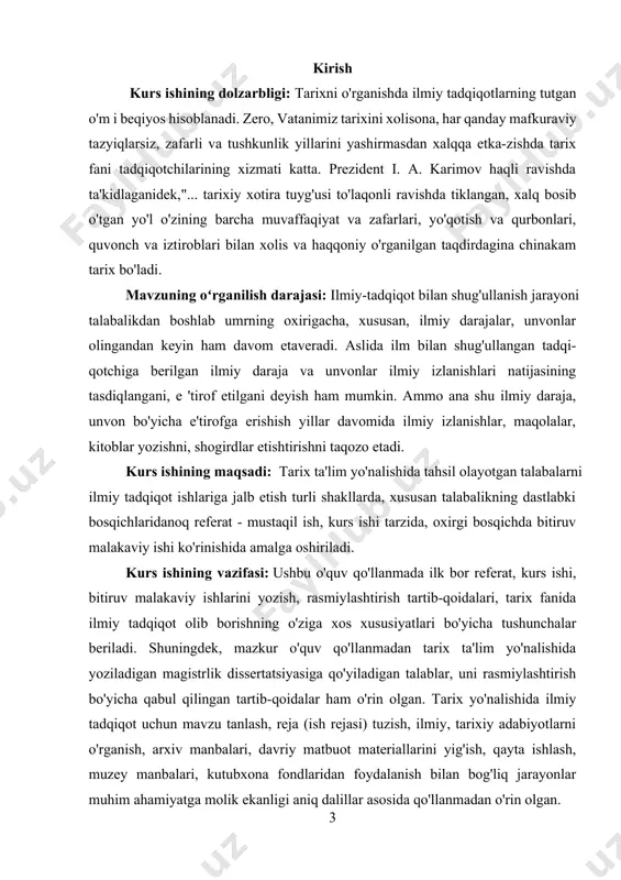 tlabki bosqichlaridanoq referat - mustaqil ish, kurs ishi tarzida, oxirgi bosqichda bitiruv malakaviy ishi ko'rinishida amalga oshiriladi. kurs ishining vazifasi: ushbu o'quv qo'llanmada ilk bor referat, kurs ishi, bitiruv malakaviy ishlarini yozish, rasmiylashtirish tartib-qoidalari, tarix fanida ilmiy tadqiqot olib borishning o'ziga xos xususiyatlari bo'yicha tushunchalar beriladi. shuningdek, mazkur o'quv qo'llanmadan tarix ta'lim yo'nalishida yoziladigan magistrlik dissertatsiyasiga qo'yiladigan talablar, uni rasmiylashtirish bo'yicha qabul qilingan tartib-qoidalar ham o'rin olgan. tarix yo'nalishida ilmiy tadqiqot uchun mavzu tanlash, reja (ish rejasi) tuzish, ilmiy, tarixiy adabiyotlarni o'rganish, arxiv manbalari, davriy matbuot materiallarini yig'ish, qayta ishlash, muzey manbalari, kutubxona fondlaridan foydalanish bilan bog'liq jarayonlar muhim ahamiyatga molik ekanligi aniq dalillar asosida qo'llanmadan o'rin olgan. kurs ishi obʻekti: yetti kunlik hafta gʻarbda imperator avgust davrida keng tarkaldi. miloddan avvalgi 321-yilda konstantin “hamma fuqarolar quyosh kuni dam olsin”,- deb farmon berdi. kurs ishi predmetini: tarix bo'yicha ilmiy tadqiqot olib borishda ko'chirmalarning turli shakllari, jadvallar, chizmalar, tarixiy geografik, tarixiy …