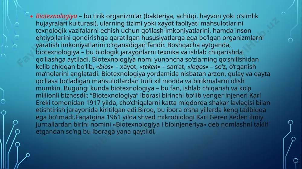 nokislotalar, vitaminlar, alkaloidlar, polisaxaridlar va boshqa biologik fail moddalar ishlab chiqarish tashkil etadi. xx asrning 60-yillaridan boshlab tirik organizmlar, biologik sistemalar va biologik jarayonlar yordamida tijorat mahsulotlari olish borasida qator ilmi tadqiqotlar olib borildi. ana shudavrda biotexnologiya bu turdagi tadqiqotlar bilan chambarchas bog'landi.bu esa biotexnologiyaning mikrobologiya,biokimyo va boshqa muhandislik fanlaridan tashkil topgan mustahkam poydevori yaratilishiga sabab bo'ldi.so'nggi 30 yil davomida biotexnologiya jadal suratlarda rivojlandi. ko'plab ilmiy g'oyalar amaliyotga joriy etildi.natijada biotexnologiyaning yangi yo'nalishlari vujudga keldi; tibbiy biotexnologiya, immunobiotexnologiya, biogeotehnologiya,muhandislik enzimologiyasi shular jumlasidandir. tibbiyot biotexnologiyasi yordamida davolash va profilaktika maqsadida ishlatiladigan moddalar yoki vositalar (antibiotiklar, vitaminlar, fermentlar,aminokislotalar, polisaharidlar va h.k.) ishlab chiqariladi. tabiiyki,bunday mahsulotlar ishlab chiqarishda sanoa jarayonlari bioob'ektlar orqali tashkil etiladi. immunobiotexnologiya- vaktsinalar, immunoglobulinlar, immunomodulyatorlar, immunomediatorlar, monoklonal antitelolar kabi mahsulotlarni o'zida birlashtiradi. shuningdek,immunoferment tahlil va immunobloting ham immunobiotexnologiyaga tegishli sohalardandir. 1.biotexnologiya iborasi birinchi bo’lib kim tomonidan qo’llangar? a paster b karl geren c karl ereki d xeden 2. qizil biotexnologiya …