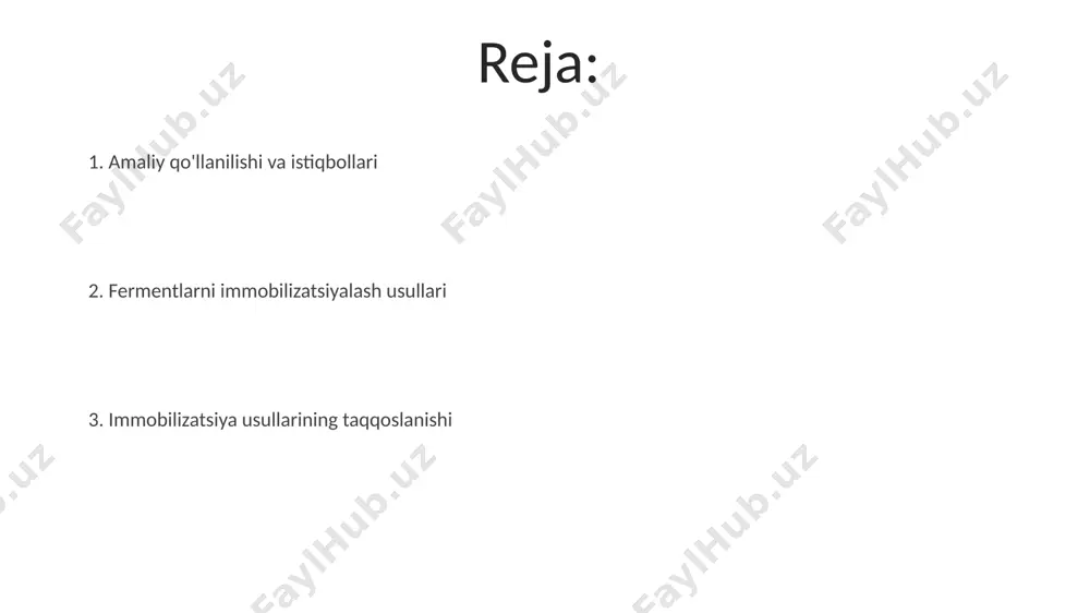 yasi 5-20 nm o'lchamdagi gözenekli materiallar, masalan, silika geli yoki aktiv ko'mir yordamida amalga oshiriladi, bu esa yuqori sirt maydonini ta'minlaydi. membrana reaksiyalari membrana bioreaktorlarida fermentlarni immobilizatsiya qilish jarayoni 90-95% gacha yuqori konversiya darajasini ta'minlab, mahsulot tozalashni soddalashtiradi. mikrofiltrlash membranalari yordamida fermentlarning immobilizatsiyasi 0,1-10 mkm gacha boʻlgan zarrachalarni ushlab qolish imkonini berib, suyuqlik oqimini boshqarishga yordam beradi. fermentlarni immobilizatsiyaning asosiy usullari kovalent bog'lanish usuli fermentlarni 20 dan ortiq turdagi faol kimyoviy guruhlar yordamida turli xil tashuvchilarga bog'lash imkonini beradi, bu esa fermentning barqarorligini oshiradi. fermentlarni immobilizatsiyasi usullaridan biri, 3-10 nm o'lchamdagi gözenekli polimer matritsalarga adsorbsiya orqali amalga oshiriladi, bu esa fermentlarning yuqori darajada faolligini saqlab qolish imkonini beradi. biomineralizatsiya usuli biomineralizatsiya usuli orqali fermentlarni immobilizatsiyasi 5-10 nm gacha bo'lgan kaltsiy fosfat kristallarini hosil qilish orqali amalga oshiriladi, bu esa ferment molekulalarini o'ziga biriktiradi va yuqori termostabilizatsiyaga olib keladi. biomineralizatsiya jarayonida ishlatiladigan kaltsiy va fosfat ionlarining konsentratsiyasi, ph va harorat kabi …