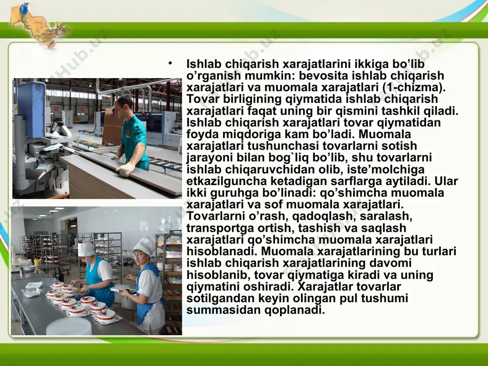 ajatlari miqdorini o’zgartirishi mumkin. bu qisqa muddatli xarajatlardir. ishlab chiqarish quvvatlari esa (ishlab chiqarish bino va inshootlari maydoni, mashina va uskunalar miqdori) doimiy bo’lib qoladi, hamda bu davr faqat ulardan foydalanish darajasini o’zgartirish uchun etarli bo’lishi mumkin. xarajatlar klassifikatsiyasi. korxonalarni yalpi xarajatlari (ih) doimiy (dx) va o`zgaruvchan (ox) xarajatlardan iborat bo`ladi. doimiy xarajatlar — bu ijara to`lovi, qorovullik xizmati to`lovi, boshqaruvchi va muxandislar maoshi va shu kabilardan iborat bo`ladi va ishlab chiqarish xajmiga bog`liq bo`lmaydi. o`zgaruvchan xarajatlar — doimiyga kirmagan boshqa hamma xarajatlar, ya’ni xom ashyo, materiallar, yoqilg`i, elektr energiya, ish haqi va shunga o`xshashlardan iboratdir. korxona faoliyatini tashkil etish va oqilona boshqarish mahsulot birligiga qilingan xarajatlar (o`ih) bilish muhimdir. o`rtacha xarajatlar, umumiy xarajatlar miqdorini korxona ishlab chiqargan mahsulot hajmiga bo`lish orqali hisoblanadi. xuddi shu yo`sinda o`rtacha doimiy (o`dx) va o`rtacha o`zgaruvchan (o`o`x) xarajatlar farqlanadi. korxona faoliyatining asosiy maqsadi foyda olish uning miqdorini muttasil oshirib borishdan iboratdir, ushbu xol esa …