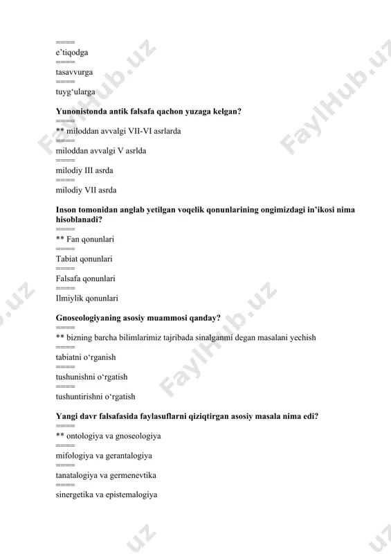* pifagor ==== fales ==== anaksimandr ==== ksenofan qadimgi hind falsafiy maktablarining ikki guruhi qaysi javobda to‘g‘ri ko‘rsatilgan? ==== ** astika va nastika ==== vedanta, sankxya ==== nyaya va mimansa ==== yoga, vaysheshika ix-xiii asrlarda qaysi mutafakkirlar markaziy osiyo hududida yashab ijod etgan? ==== ** al-xorazmiy, forobiy, ibn sino, abu rayhon beruniy ==== forobiy, ibn rushd, farididdin attor ==== mirzo ulug‘bek, qozizoda rumiy, beruniy ==== alisher navoyi, forobiy, al-xorazmiy, ibn sino konfusiy fikricha shaxsiy manfaatlar qaysi manfaatlar bilan hamoxang bo‘lishi kerak? ==== ** jamiyat manfaatlari bilan ==== oila manfaatlari bilan ==== davlat manfaatlari bilan ==== imperatorlar manfaatlari bilan falsafa tarixida o‘zining mavjudligi uchun o‘zidan boshqa hech narsaga muhtoj bo‘lmagan birinchi asosni ifodalash uchun qanday kategoriya qo‘llaniladi? ==== ** substansiya ==== makon ==== zamon ==== borliq makon va zamondagi har qanday o‘zgarish nima xisoblanadi? ==== ** harakat ==== reallik ==== mavjudlik ==== rivojlanish “qadimgi xalqlardan qolgan yodgorliklar”, “hindiston”, “minerologiya” asarlari muallifi …