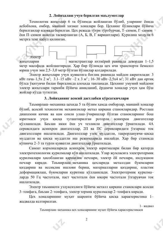 , в, г вариантлари). қурилиш модули 6 метрга тенг қабул қилинган. электр жиҳозларни магистрантлар ихтиёрий равишда девордан 1–1,5 метр масофада жойлаштиради. ҳар бир бўлимда цех ичи транспорти бемалол юриш учун эни 2,5–3,0 метр бўлган йўлаклар қолдирилади. электр жиҳозлари учун қувватига боғлиқ равишда майдон ажратилади: 3 квт гача–1,5х 2 м2; 3.1–15 квт –2 х 3 м2 ; 16–30 квт–2,5х4 м2; 31 квт дан ортиқ бўлса ўқитувчи билан биргаликда алоҳида танланади. цехнинг умумий майдони электр жиҳозлари таркиби бўйича аниқланиб, ёрдамчи хоналар учун ҳам бўш жойлар кўзда тутилган. 3. лойиҳанинг асосий дастлабки кўрсаткичлари таъмирлаш–механика цехида 5 та бўлим хамда омборлар, маиший хоналар бўлиб, асосий технологик механизмлар метал қирқиш станокларидир. ростлаш диапазони кичик ва кам сонли улаш–ўчиришлар бўлган станокларнинг бош юритмаси учун қисқа туташтирилган роторли асинхрон двигателлар қўлланилади. баъзан икки ёки уч тезликли двигателлар ўрнатилади. 4а сериясидаги асинхрон двигателлар, 2п ва пс серияларидаги ўзгармас ток двигателлари ишлатилади. двигателлар узоқ муддатли, такрорланувчи–қисқа муддатли ва қисқа …