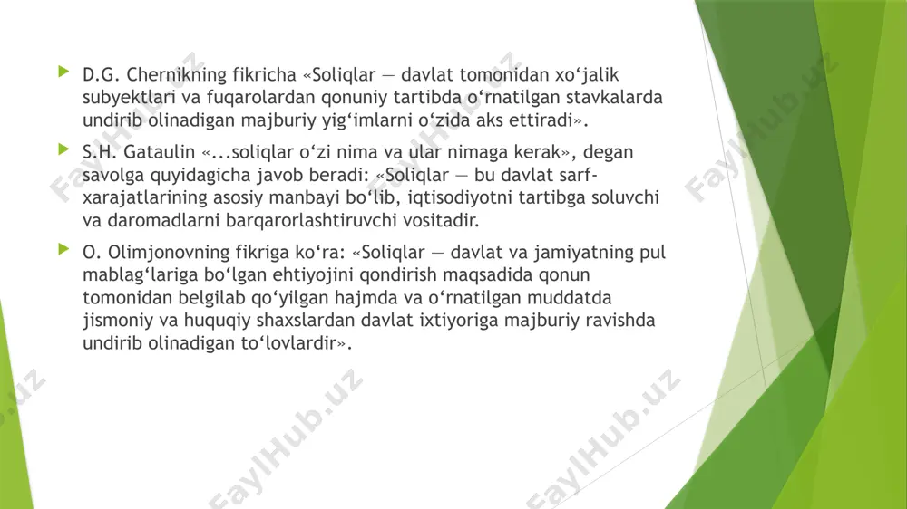 anlari o‘z vakolatlarini amalga oshirishi uchun shart-sharoit yaratishi kerak. adolatlilik prinsipi soliqlar va yig‘imlar kamsitish xususiyatiga ega bo‘lishi hamda ijtimoiy, irqiy, milliy, diniy va boshqa shu kabi mezonlardan kelib chiqqan holda qo‘llanilishi mumkin emas. mulkning shakliga, jismoniy shaxslarning fuqaroligiga yoki kapitalning kelib chiqish mamlakatiga qarab farqlangan soliq stavkalarini, soliq imtiyozlarini yoki boshqa afzalliklarni belgilashga yo‘l qo‘yilmaydi. fuqarolarning o‘z konstitutsiyaviy huquqlarini amalga oshirishiga to‘sqinlik qiladigan soliqlarni belgilashga yo‘l qo‘yilmaydi. soliq tizimining yagonaligi prinsipi soliq tizimi o‘zbekiston respublikasining butun hududida yagonadir. o‘zbekiston respublikasining yagona iqtisodiy makonini buzuvchi, xususan, o‘zbekiston respublikasining hududi doirasida tovarlarning (xizmatlarning) yoki moliyaviy mablag‘larning erkin muomalada bo‘lishini bevosita yoki bilvosita cheklab qo‘yadigan soliqlar belgilanishiga yo‘l qo‘yilmaydi. oshkoralik prinsipi soliq to‘g‘risidagi qonunchilik hujjatlari rasman e’lon qilinishi shart. rasman e’lon qilinmagan soliq to‘g‘risidagi qonunchilik hujjatlari kuchga kiritilmagan hujjat sifatida huquqiy oqibatlarni keltirib chiqarmaydi. soliq to‘lovchining haqligi prezumpsiyasi prinsipi soliq to‘g‘risidagi qonunchilik hujjatlaridagi barcha bartaraf etib bo‘lmaydigan qarama-qarshiliklar va noaniqliklar soliq to‘lovchining …