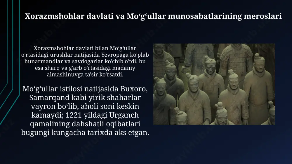 zmning sugʻorish tizimlariga jiddiy zarar yetkazishdi, natijada 13-asr oxiriga kelib, amudaryo boʻylab 30% ga yaqin yerlar ekinsiz qoldi, bu esa qishloq xoʻjaligining inqiroziga olib keldi. moʻgʻullar istilosidan keyin xorazmda 1221-yildan keyin hunarmandchilikning 20% ga yaqini yoʻq boʻlib ketdi, ayniqsa, marv va nishapur kabi yirik shaharlarda toʻqimachilik va kulolchilik keskin kamaydi. xorazm iqtisodiyotiga moʻgʻullar ta’siri moʻgʻullar xorazmning sugʻorish tizimlarini vayron qilishgan, bu esa qishloq xoʻjaligining inqirozga yuz tutishini, dehqonchilik mahsulotlari yetishmasligini va 1221 yildan keyin ocharchilikning kuchayishini keltirib chiqargan. xorazmning ipak yoʻli ustidagi strategik ahamiyatiga ega boʻlgan mintaqalari moʻgʻullar tomonidan egallab olinganidan keyin, savdo yoʻllari uzilib, xorazm iqtisodiyoti jahon bozorlaridan ajralib qolgan va samarqand kabi shaharlarning rivojlanishi toʻxtab qolgan. oltin oʻrda davlatining xorazm bilan aloqasi oltin oʻrda davlati xorazmning shimoliy hududlarini, jumladan, 13-asr oxirida xiva va urganch atroflarini nazorat qilgan, bu hududlarga 50 yildan ortiq hukmronlik qilgan. oltin oʻrdaning xorazm bilan boʻlgan iqtisodiy aloqalari, asosan, jun, paxta va boshqa qishloq xoʻjaligi …