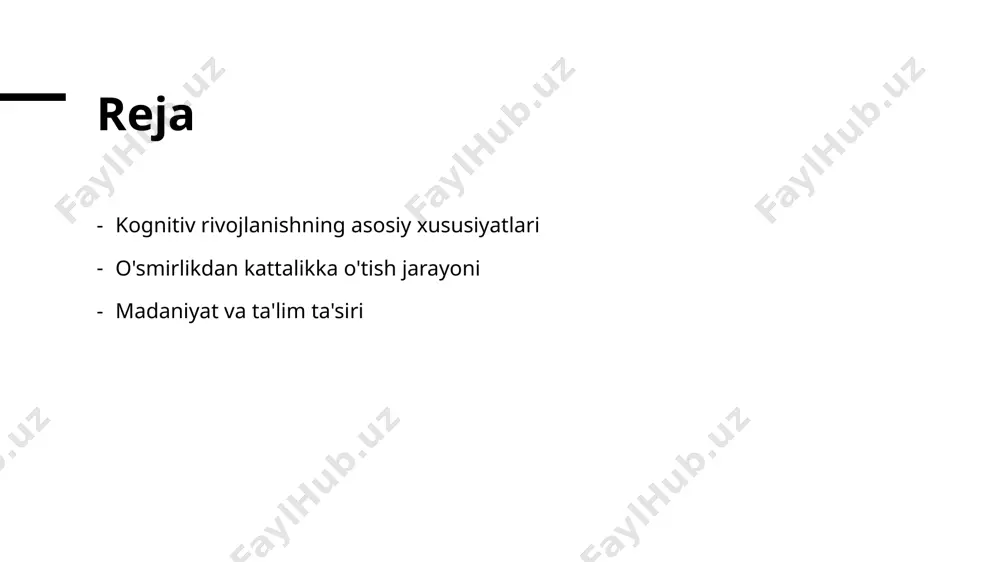 dagi o'zaro bog'liqlik, shaxsning kognitiv rivojlanishini yanada chuqurlashtiradi. o'zbek kontekstidagi ta'lim madaniy merosni saqlab qoladi. 4 innovatsiyalar va an'analar zamonaviy innovatsiyalar, an'anaviy bilimlar bilan birga, kognitiv rivojlanishga yangi usullarni kiritadi. bu, o'z navbatida, o'zbekistondagi o'sib borayotgan ta'lim muhitiga ta'sir qiladi. o'smirlikdan kattalikka o'tish: kognitiv rivojlanish jarayonlari. 01 o'smirlikdan kattalikka o'tish o'smirlikdan kattalikka o'tish jarayoni, shaxsning kognitiv rivojlanishida muhim bosqichdir, bu davrda fikrlash va qaror qabul qilish ko'nikmalari shakllanadi. 02 kognitiv ko'nikmalar ushbu bosqichda kognitiv ko'nikmalar, masalan, analitik fikrlash va muammolarni hal etish qobiliyati rivojlanadi, bu esa hayotiy tajribalar bilan bog'liq. 03 psixologik o'zgarishlar o'smirlikdan kattalikka o'tish jarayonida psixologik o'zgarishlar sodir bo'ladi, shaxs o'z kimligini, qadriyatlarini va maqsadlarini aniqlashda muhim rol o'ynaydi. kattalikka o'tishdagi psixologik o'zgarishlar va ularning ta'siri. 1 kattalikka o'tish jarayoni kattalikka o'tish jarayoni insonning psixologik rivojlanishida muhim bosqich bo'lib, o'z-o'zini anglash va shaxsiy identifikatsiyani kuchaytiradi. 2 o'zgarishlar va moslashuv kattalikka o'tish davrida insonlar yangi muhitga moslashish jarayonida psixologik …