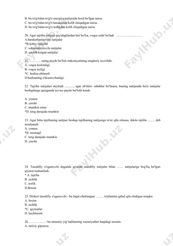 l *d. xato 32............-o'lchov natijasining kerakli qiymatning haqiqiy qiymatidan chetga chiqishi. a. tezlashtirish b. tezlik *c. xato d. harakat 33.piknometr nima? * a. bo'yin belgisida sathlari bo'lgan shisha b. ma'lum massali shisha flakon c. pastki qismida kapillyar bo'lgan ma'lum hajmdagi shisha idish d. u shaklidagi shisha naycha 34.piknometr yordamida qanday moddalarning zichligini o'lchash mumkin? *a.suyuqliklar va quyma qattiq moddalar b. gazlar c.muntazam geometrik shakllar d. plastik moddalar 35.o'lchov aniqligi bilan nima tavsiflanadi ? a. o'rtacha va o'lchangan qiymat o'rtasidagi farq b. mutlaq xatoning o'rtacha qiymatga nisbati c. nisbiy o'lchov xatosi *d.o'lchov natijalarining haqiqiy qiymatga yaqinlashish darajasi 36.uzluksiz tasodifiy o'zgaruvchining ehtimoli x kichik intervaldan qiymatlarni oladi (x, x+dx) mahsulotga teng… *a. intervalning kengligi bo'yicha ehtimollik zichligi b. intervalning kengligi bo'yicha taqsimlash funktsiyalari c. intervalning kengligi bo'yicha farqlar d. intervalning kengligi bo'yicha taqsimlash seriyasi 37.tasodifiy o'zgaruvchining matematik kutishidan chetga chiqish kvadratining matematik kutilishi deyiladi ……… * a. dispersiya b. zichlik c. tezlik …