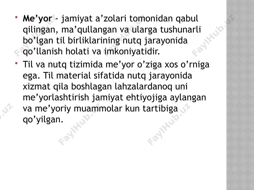 . 5. miting nutqi. 6. rasmiy-diplomatik nutq. 7. ilmiy-ommabop nutq. akademik nutq: 1. o'quv yurtlari ma'ruzalari. 2. ilmiy nutq (ma'ruzalar). 3. ilmiy sharh. 4. ilmiy axborot. sud nutqi: 1. qoralovchi (prokuror) nutqi. 2. jamoatchi-qoralovchi nutqi. 3. oqlovchi (advokat) nutqi. 4. jamoatchi oqlovchi nutqi. 5. o'z-o'zini himoya qilish nutqi. ijtimoiy-maishiy nutq: 1. madhiya (yubiley yoki maqtov nutqi). 2. ta'ziya (motam nutqi). 3. tabrik nutqi (tost). diniy nutq: 1. hutba. 2. va'z. og’zaki nutq turlari uslubiy xoslangan va uslubiy betaraf so‘zlar adabiy tilning ijtimoiy hayotdagi ma’lum soha doirasiga, ma’lum nutqiy vaziyatga xoslangan ko‘rinishi nutq uslubi hisoblanadi. so‘zlar ma’lun nutq uslubiga xoslanish – xoslanmaslik belgisiga ko‘ra uslubiy xoslangan va uslubiy betaraf so‘zlarga bo‘linadi. ayrim nutq uslubi doirasidagina qo‘llanadigan so‘zlar uslubiy xoslangan so‘zlar, bunday xususiyatga ega bo‘lmagan so‘zlar uslubiy xoslanmagan yoki betaraf so‘zlar deyiladi. mavzu yuzasidan topshiriqlar тopshiriq. fsmu jadvalini tuzing bunda bеqiyos odob namunasi bu, avvalo, o‘qituvchining go‘zal nutqida o‘z ifodasini topadi, - …