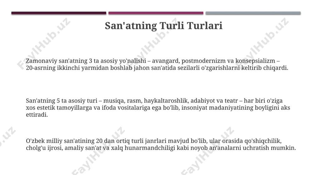 y madaniyat asoslari dasturda milliy va jahon badiiy merosi namunalari, taxminan 20 ga yaqin mashhur rassom va haykaltarosh asarlari tahlili o‘rin olgan. “badiiy madaniyat asoslari” kursi 5-9 sinf o‘quvchilari uchun mo‘ljallangan bo‘lib, ularga 10 dan ortiq turdagi san’at turlari bilan tanishish imkoniyatini beradi. “badiiy madaniyat asoslari” o‘quv dasturi estetik didni shakllantirishga qaratilgan bo‘lib, undagi amaliy mashg‘ulotlar soni nazariy ma’lumotlar soniga yaqin. e'tiboringiz uchun rahmat @taqdimot_robot