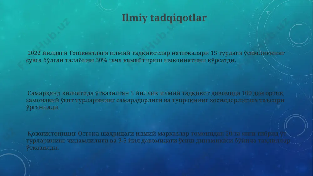 itlar ishlab chiqarish hajmi 3 baravar oshishi kutilmoqda. kelajak istiqbollari dasturi samarqanddagi 200 ga yaqin fermer xo‘jaliklariga zamonaviy agrotexnologiyalarni joriy etish orqali hosildorlikni 15-20% ga oshirishni maqsad qilgan. kelajak istiqbollari 2030-yilga kelib, o‘zbekistonning 5 ta yirik shaharida 150 ga yaqin aqlli sug‘orish tizimlari joriy etilib, suv resurslaridan foydalanish samaradorligini 20% ga oshirishni ko‘zda tutadi. amaliy qo'llanmalar buxoro shahridagi 20 ta bog'dorchilik xo'jaliklarida o'tkazilgan tadqiqotlar shuni ko'rsatdiki, suv tejovchi texnologiyalarni qo'llash natijasida 15% gacha suv tejashga erishildi. andijon viloyatining unumdor tuproqlarida 5 ta turli o'simlik turlarida 7 kunlik kuzatuvlar natijasida, turli dunyoqarashga asoslangan bog'dorchilik usullarini solishtirish bo'yicha amaliy qo'llanma yaratildi. 15 yildan ortiq tajribaga ega bo'lgan samarqand viloyatining dehqonlari, 30% ga yaqin hosildorlikni oshirish uchun ekologik toza o'g'itlarni qo'llash bo'yicha amaliy qo'llanmalar ishlab chiqdilar. e'tiboringiz uchun rahmat @taqdimot_robot image3.png