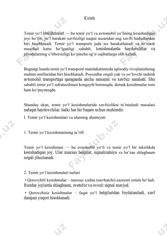 isalar, misollar va sabablari 1. hodisalarning asosiy sabablari • haydovchilarning qoidalarga amal qilmasligi. • piyodalarning e’tiborsizligi. • signalizatsiya vositalarining nosozligi. 2. statistika dunyo bo‘yicha temir yo‘l kesishmalarida yuz beradigan ythlarning 70% haydovchilar, 20% piyodalar, 10% texnik sabablar bilan bog‘liq. 3. misollar • toshkent viloyatida avtobus haydovchisi svetoforga amal qilmagani uchun poyezd bilan to‘qnashib, ko‘plab yo‘lovchilar jabrlangan. • aqshda 2019-yilda bir yuk poyezdi va avtobus to‘qnashuvi oqibatida 20 dan ortiq inson halok bo‘lgan. vi. haydovchi va piyodalar mas’uliyati • huquqiy mas’uliyat: temir yo‘l kesishmalarida qoida buzgan haydovchilar jarimaga tortiladi yoki haydovchilik huquqidan mahrum qilinishi mumkin. • axloqiy mas’uliyat: haydovchi o‘zining ham, yo‘lovchilarning ham hayoti uchun javobgar. • madaniyat: har bir fuqaro “bir daqiqa kechikish — butun umrni saqlab qolish” tamoyiliga amal qilishi kerak. profilaktika, targ‘ibot va xalqaro tajriba 1. profilaktika ishlari temir yo‘l kesishmalarida sodir bo‘ladigan hodisalarni kamaytirishning eng asosiy yo‘li — muntazam profilaktik tadbirlar o‘tkazishdir. • yo‘l patrullari muntazam ravishda …