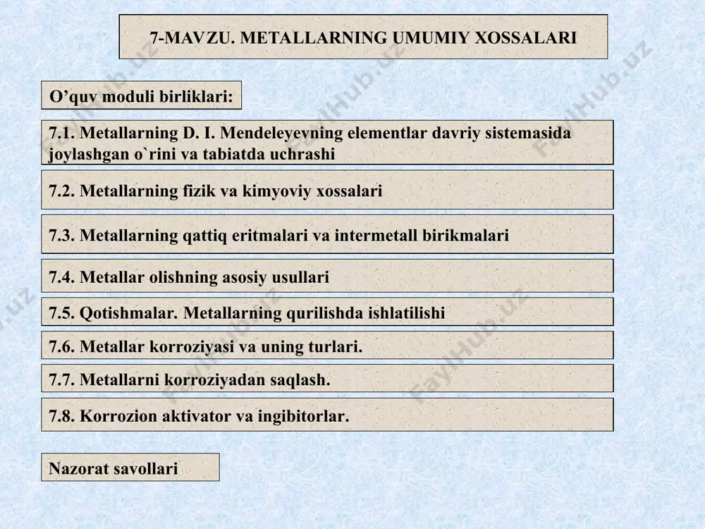 ltin bilan platinadir. kumush, mis, simob, qalay tabiatda yombi holda ham, birikmalar holida ham, qolgan barcha mеtallar (standart elеktrod potеnsiallar qatorida qalaygacha bo`lgan mеtallar) faqat boshqa elеmеntlar bilan hosil qilgan birikmalari holida uchraydi. barcha metallar ikki gruppaga bo’linadi: qora metallar va rangli metallar gruppasiga bo’linadi. qora metallar gruppasiga asosan temir (temir qotishmalari - cho’yan va po’lat)lar kiradi. qolganlari rangli metallar gruppasiga kiradi. rangli metallar o’z navbatida quyidagi gruppalarga bo’linadi: a) og’ir metallar guruhi bu guruhga mis, nikel, qo’rg’oshin, qalay, kobolt, mishyak, surma, vismut, simob va boshqalar kiradi. b) yengil metallar guruhi. bu guruhga magniy, alyuminiy, titan, nitriy, berilliy, bariy, kalsiy, kaliy kiradi. v) asl qimmatbaho metallar guruhiga oltin, kumush, platina, osmiy, ruteniy, paladiy kiradi. g) nodir metallar guruhi bu suyuqlanishi qiyin bo’lgan metallardan ya’ni volfram, tantal, niobiy va tarqoq metallar, siyrak yer metallar va radiaktiv metallar kiradi. * 7 fizikaviy xossalari. d.i.mendeleyev davriy sistemasidagi simobdan tashqari barcha metallar normal sharoitda …