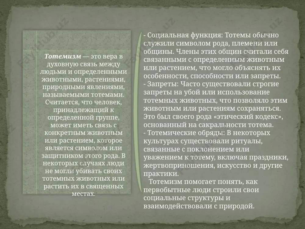 ажнейшие вопросы существования. политеизм является важным этапом в развитии религиозных систем, который предшествовал более сложным религиям с центральной идеей единого бога. культ природы многие первобытные религии сосредоточены на поклонении природным силам, таким как солнце, луна, молнии, реки, горы и другие природные явления. это связано с необходимостью объяснить важные природные процессы и выживание в условиях, где ресурсы могли быть непредсказуемыми. роль и значение первобытных религий и верований в жизни ранних человеческих обществ были многогранными. эти религиозные практики не только объясняли окружающий мир, но и оказывали сильное влияние на социальную структуру, моральные нормы, повседневную жизнь и выживание людей. давайте рассмотрим основные аспекты роли и значения первобытных религий и верований. 1. объяснение природных явлений в первобытных обществах природные явления (дождь, гроза, солнечные затмения и т.д.) часто воспринимались как действия духов или богов. религиозные верования служили объяснением таких явлений в условиях, когда у людей не было научных знаний, чтобы понять их природу. 2. социальная …