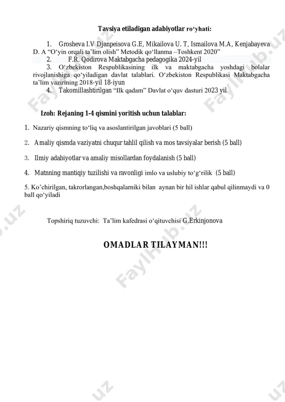 ” davlat o‘quv dasturi 2023 yil izoh: rejaning 1-4 qismini yoritish uchun talablar: 1. nazariy qismning to‘liq va asoslantirilgan javoblari (5 ball) 2. amaliy qismda vaziyatni chuqur tahlil qilish va mos tavsiyalar berish (5 ball) 3. ilmiy adabiyotlar va amaliy misollardan foydalanish (5 ball) 4. matnning mantiqiy tuzilishi va ravonligi imlo va uslubiy to‘g‘rilik (5 ball) 5. ko’chirilgan, takrorlangan,boshqalarniki bilan aynan bir hil ishlar qabul qilinmaydi va 0 ball qo‘yiladi topshiriq tuzuvchi: ta’lim kafedrasi o‘qituvchisi g.erkinjonova omadlar tilayman!!!