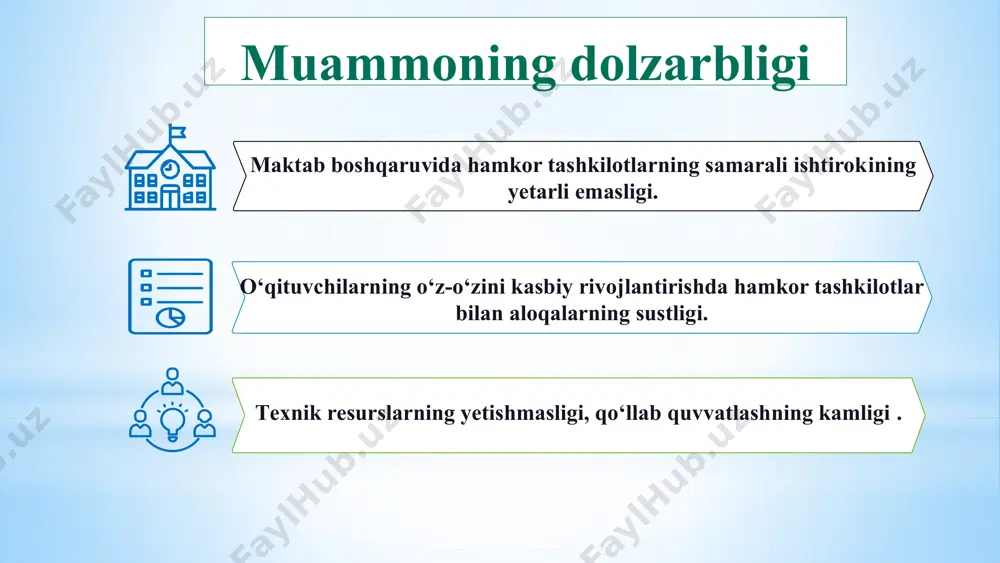 ini muhim omil sifatida ko‘rib chiqadi. 3. “ta’lim menejmenti” r.x.djurayev, s.t.turg‘unov. tahlil: kitobda maktabni strategik boshqarish va rejalashtirish, rahbarlar faoliyatini tashkil etish va boshqa masalalar yoritilgan. 4. “ta’lim menejmenti yoxud ta’lim tashkilotini ilmiy-metodik boshqarishga innovatsion yondashuv”. shukur po‘latov.2022 tahlil: kitobda ta’lim muassasalari faoliyatini innovatsion boshqarishning nazariy va texnologik asoslari va boshqa masalalari yoritilgan. 1.gevin kennedi “muzokara san’ati“ asari. tahlil: kitobda bo‘lajak uchrashuvga qanday tayyorgarlik ko‘rish, qanday qilib o‘z nuqtai nazaringizni foydali tarzda taqdim etish, qanday savdolashish va muzokara jarayonini barcha ishtirokchilar uchun o‘zaro manfaatli qilish haqida so‘z boradi. 2. в.а.козакова "управление образовательной организацией: теория и практика " tahlil: bu kitob ta'lim tashkilotlarini boshqarishning nazariy va amaliy jihatlarini yoritadi, shu jumladan, hamkor tashkilotlar bilan ishlashni ham qamrab oladi. 3.david hopkins "partnerships for school improvement" (maktab rivoji uchun sheriklar (hamkorlar) asari. tahlil: bunda maktablarning ta’lim sifatini oshirish maqsadida turli hamkorliklarni rivojlantirish tajribalari tahlil qilinadi. mahalliy adabiyotlar xorijiy adabiyotlar maktab boshqaruvida hamkor tashkilotlarning …