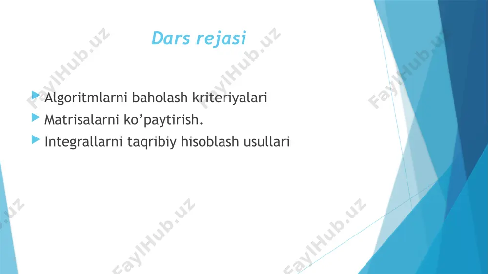 o’lganligi uchun formulamizni quyidagicha yozib olamiz. ; h ni qavsdan chiqarsak, to’g’ri to’rtburchaklar usuli. bu rasm o’ng to’rtburchaklar usuli deb ataladi. bo’lganligi uchun formulamizni quyidagicha yozib olamiz. ; h ni qavsdan chiqarsak, dastur kodi #include #include using namespace std; double funk(double x) { return (1.0/(1+x*x)); } int main() { double a,b,s=0, xa; int n=10; cout >a>>b; xa=a+0.1; while (xa #include using namespace std; double funk(double x) { return (1.0/(1+x*x)); } int main() { double a,b,s=0, xa; int n=10; cout >a>>b; xa=a+0.1; while (xa using namespace std;//ulchamlari bir xil bulgan matritsalar uchun int main() { int a[10][10],b[10][10],c[10][10],r,d,i,j,k; cout >r; cout >d; cout >a[i][j];} } cout >b[i][j];} for(i=1;i<=r;i++) { for(j=1;j<=d;j++) { c[i][j]=0; for(k=1;k<=d;k++) { c[i][j]+=a[i][k]*b[k][j]; } } } //natijani chop qilish for(i=1;i<=r;i++) { for(j=1;j<=d;j++) { cout<<c[i][j]<<" "; } cout<<"\n"; } return 0; } mustaqil ishlash uchun savollar ushbu darsda ko’rib chiqilgan misollar va ularni yechish algoritmlari uchun dastur tuzing, xulosalar chiqaring. image1.png …