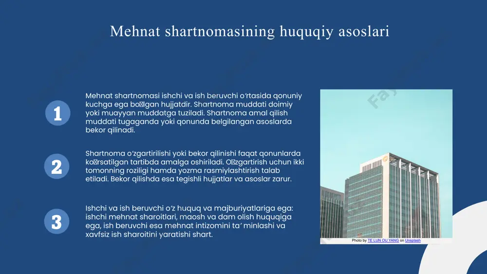 ichlarga diqqat qilish muhim; noto‘g‘ri rasmiylashtirish kelajakda muammolarga olib kelishi mumkin. • har ikki tomonning huquq va majburiyatlari aniq va ravshan belgilanmasi, kelishmovchiliklarning oldini oladi. • shartnoma shartlarini to‘liq muhokama qilish va har bir bandni tushunish muammoli vaziyatlarni kamaytiradi. yakuniy so‘z: mehnat shartnomasini to‘g‘ri va puxta tuzish – qonuniylik va ishonchli mehnat munosabatlarining kafolati. foydalanilgan adabiyotlar 1. 1. o‘zbekiston respublikasi mehnat kodeksi. o‘zbekiston respublikasi oliy majlisi, 2016-yil (oxirgi o‘zgarishlar bilan). 2. 2. karimov, g‘.s., raxmatov, m.a. mehnat huquqi. o‘zbekiston milliy universiteti nashriyoti, 2021. 3. 3. qodirov, n.s. mehnat shartnomasi va uning tuzilishi: nazariy va amaliy jihatlar. “yuridik fanlar axborotnomasi” jurnali, 2023, №2. 4. 4. o‘zbekiston respublikasi bandlik va mehnat munosabatlari vazirligi. mehnat shartnomasi tuzish tartibi va zarur hujjatlar bo‘yicha amaliy qo‘llanma. tashkent, 2022. 5. 5. xolmatova, d.m. mehnat shartnomasining bekor qilinishi va muammoli vaziyatlarni huquqiy hal etish. “adolat” nashriyoti, 2020. e'tiboringiz uchun rahmat! designed by slides carnival image1.jpeg image5.jpg image3.jpeg …