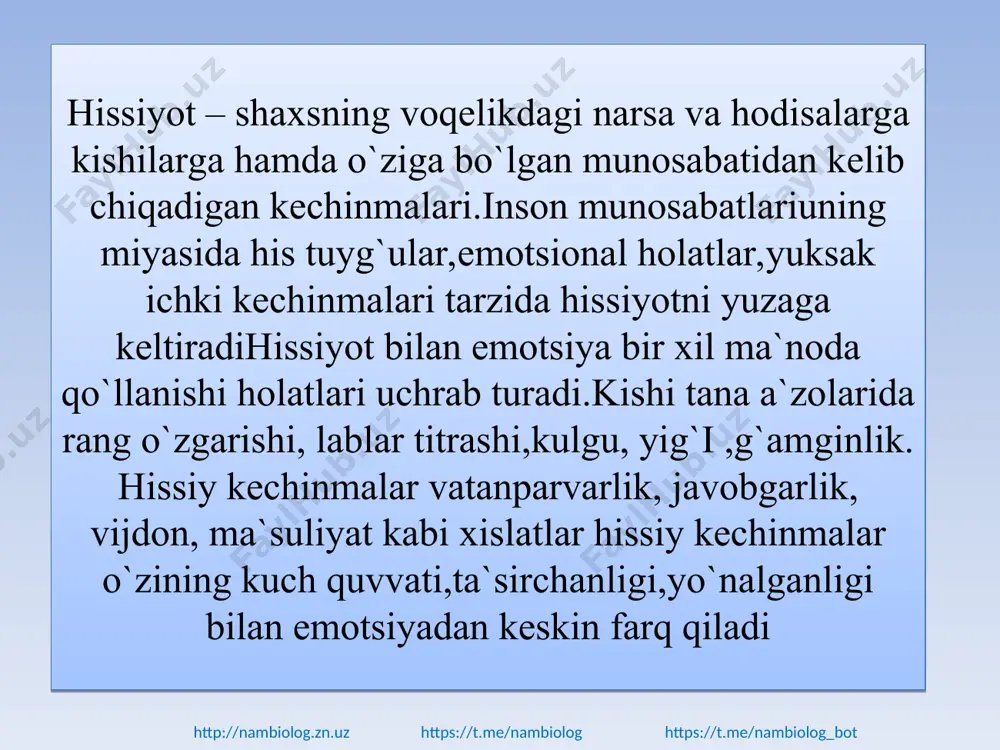 zohlang chanqab keldingiz, oshxona stoli ustida turgan muzdekkina choyni chanqab ketganingizda sipqordingiz, bu esa oyingiz ovqat uchun foydalnmoqchi bo`lgan paxta moyi edi? bosh orqa tomonga egilgan,ko`zlar toraygan,qoshlar burishgan,yuqori lab burun tomon burilgan buvijonlar borligi mazada. hohlagan istagingizni muhayyo qiladi, erkalaydi, shirinliklar bilan siylaydi.buvingizni ko`rgingiz, suhbatlashgingiz kelib turibdi.qo`ng`iroq jiringladi ostonada buvingiz turibdi qoshlar ko`tarilgan,ko`zlari katta ochiq, lablar iljaygan. bola maysa ustida yotar, osmonda suzayotgan bullutlarni tomosha qilar edi.biri oppoq quyonga, ikkinchisi ulkan dumli ajdahoga, uchinchisi momiq paxtaga o`xshardi bola yotgan, qo`llari boshi ostiga yotqizilgan, pastki lablari tishlangan ko`zlari biroz yuqoriga qarab turadi http://nambiolog.zn.uz https://t.me/nambiolog https://t.me/nambiolog_bot kichik hikoyalar yetti bolaning kiyimlari og`irlik qilib qilib uzilgan dor,uyidan bosh olib chiqib ketayotgan erkak oyoqlarini chalishtirib yiqitdi ma`suliyat arjumandbegim yangi poyabzal sotib olganimda doim qo`shimcha bog`ichga ega bo`lishimni o`ylab quvonaan.umuman kiyilmaydigan ikkinchi poy haqida o`ylamaslikka tirishman optimist m. yusupov avvallari mening tekis yuzim,burma ko`ylagim bor edi,hozir esa aksi tarjimai hol larisa kerklend qayg`uli qahramonlari bo`lgan …