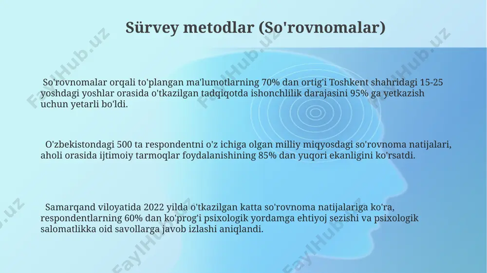ki, 3 guruhda o‘tkazilgan psixometrik testlarning natijalari individual farqlarni 95% ishonchlilik darajasida aniqladi. kognitiv psixologiyada 5 ta asosiy tadqiqot usuli – kuzatish, so‘rovnoma, eksperiment, korrelyatsion tadqiqot va holat tadqiqoti – jahon miqyosida keng qo‘llaniladi. sifatli tadqiqot metodlar психологик тестларни 3 марта қайтадан ўтказиш, натижаларнинг стандарт хатолигини 0.05 дан кам бўлиши ва тошкент шаҳридаги клиникалардаги намунавий гуруҳлар билан таққослаш сифатли тадқиқот учун зарурдир. ўзбекистоннинг 5 та вилоятидан олинган 100 та маълумотлар тўплами ва уларни spss дастури ёрдамида статистикавий таҳлил қилиш, ишончлилигини таъминлаш учун 5% хатолик чегарасидан ошмаслиги керак. сифатли тадқиқотларда иштирокчиларга 20 дан ортиқ шахс жалб этилиши, маълумотларни ишончли таҳлил қилиш учун 95% ишонч даражасига эришиш ва самарқанд давлат университетидаги каби махсус дастурлардан фойдаланиш муҳимдир. ma'lumotlarni tahlil qilish metodlar фактор таҳлили ёрдамида, масалан, 30 та саволдан иборат сўровнома натижаларини камайтириб, 3 та асосий омилни аниқлаш ва уларнинг ўзаро алоқасини ўрганиш мумкин. бу ёндашув ақшдаги кўплаб психологик тадқиқотларда қўлланилади. маълумотларни таҳлил қилишда …