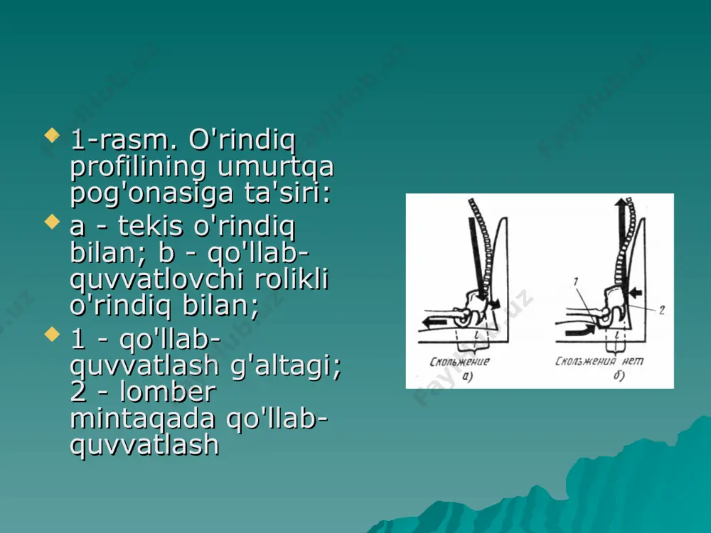 muammolar bo'lishi mumkin. po'latdan yasalgan cho'zish kamonlari arzon narxlardagi transport vositalarida qo'llaniladi va ularni ishlatishda o'rindiq yuzasida qattiqlikni to'g'ri taqsimlash qiyin. kreslolarning elastik elementlari sifatida ko'pincha ko'pikli sintetik materiallar ishlatiladi. bunday o'rindiqlarning dizayn namunalari 4.9-rasm. o'rindiqning egiluvchanligining zarur xususiyatlarini olish uchun havo bo'shliqlari yostiqlar qatoriga joylashtirilgan (4-rasm, a). asosiy elastik element sifatida rezina (kauchuk mato bilan qoplangan piyola) o'rindiq (4-rasm, b) po'latdan yasalgan kamonli o'rindiq bilan deyarli bir xil xususiyatlarga ega, ammo ularning tepasida joylashgan yumshoq qatlamning ishi osonlashadi, chunki lentalar kamondan kengroqdir.