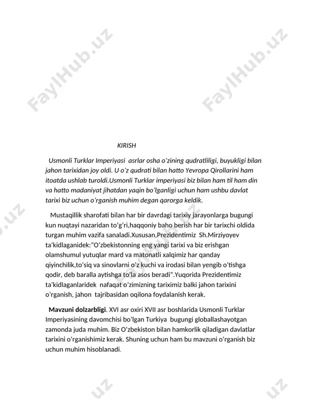 tashkil etadi. shuningdek, davlat va hukumat farmonlari hamda qarorlarida ilgari surilayotgan uslubiy ko‘rsatmalar tashkil etadi. tadqiqot tarixiylik, ob’ektivlik, ilmiylik, xolislik, mantiqiy izchilik tamoyillariga asoslandi. kurs ishining ilmiy va amaliy ahamiyati. tadqiqot materiallari asosida qayd qilingan keng qamrovli ma’lumotlar va ilmiy xulosalar usmoniylar imperiyasi tarixining ko’p jildli yangi variantini yozishda, shuningdek, oliy o’quv yurtlari tarix fakultetlarida usmoniylar imperiyasi tarixidan o’qiladigan maxsus kursni yaratishda bazaviy manba bo’ladi. shuningdek, aspirantlar, tarixchilar, muzey xodimlari, o’lka tarixiga qiziquvchilar uchun tadqiqot natijalari muhim qo’llanma bo’lib xizmat qiladi. kurs ishining tuzilishi va hajmi. kurs ishi kirish, asosiy qism, xulosa, foydalanilgan adabiyotlar ro’yxati va ilovadan iborat. 1.usmoniylar imperiyasning davlat boshqaruvi va armiya. davlat tuzumi. armiya. xv asr ikkinchi yarmida usmoniylar davlati imperiyaga aylandi (shungacha usmoniylar sultonligi deb atalgan boʻlsa, endi usmoniylar imperatorligi deb yuritila boshlandi), uning hukmdorlari esa harbiy kuchga tayangan holda cheklanmagan hokimiyatga ega boʻldilar. markaziy hokimiyatning va sultonning taʼsiri sezilarli darajada oʻsdi. islom qonunshunoslari tomonidan “xudoning …