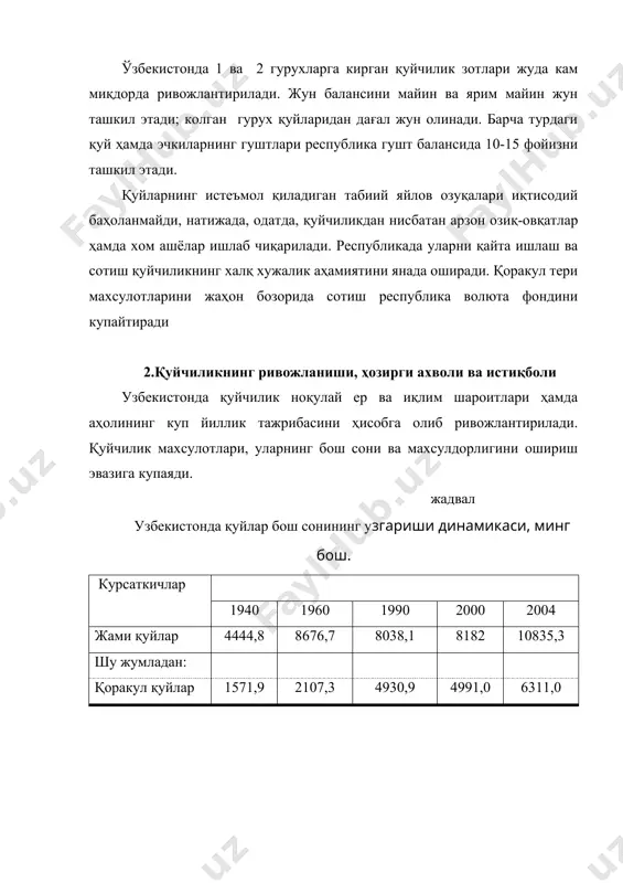 кат булиб, шу даврда мамлакатда 3 млн.бошга яқин қоракул қуй булган. хх аср бошларида бухородан кам сонли қоракул қуй зотларини жанубий – ғарбий африка (ҳозирда намибия) давлатига олиб кирилган эди. мана шу қисм қуйлар жанубий – гарбий африка республикасида қоракулчиликнинг ривожланишига асос булди. 1850 йилда парижда утказилган халқаро кургазмада французлар биринчи марта манто ва жакетларни таклиф қилишганда жаҳон бозорининг асосий эътиборини тортди. жаҳонда қоракул ишлаб чиқаришда собиқ ссср узоқ вақт монополист булиб келган, сссрда қоракул етиштириш буйича узбекистон биринчилардан булиб келган. жаҳон бозорига етказиб турилган қоракул терилар 80-йилларда 7 млн.дона булган булса, шундан узбекистоннинг ҳиссаси 2,4 млн.дона (34,2%)ни ташкил этган. сжк препаратининг қулланиши 1984 йил тухтатилган булишига қарамасдан, 1985-1995 йиллар давомида (сжк) стимуляторини назоратсиз қуллаш натижасида қоракул тери етиштириш икки баробарга камайиб кетди. стимуляторнинг қулланиши туғилажак қузилар сонини купайтиради, бунда битта она қуй 3 ёки 4 та қузи туққан. бу эса она қуйларнинг физиологик ҳолатига салбий таъсир қилган. бу эса …