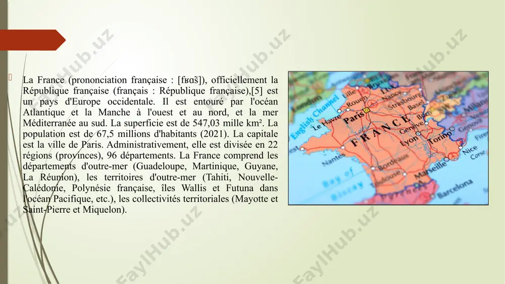 ligi fransiya tomonida 3298 m ga (vinmal) yetadi. fransiyada foydali qazilmalardan koʻmir, temir rudasi, uran, tabiiy gaz, volfram va surma, talk xomashyosi, qoʻrgʻoshin, oltingugurt va rux bor. neft va gaz juda kam miqdorda. image1.png image2.jpg image3.jpeg image4.jpeg /docprops/thumbnail.jpeg