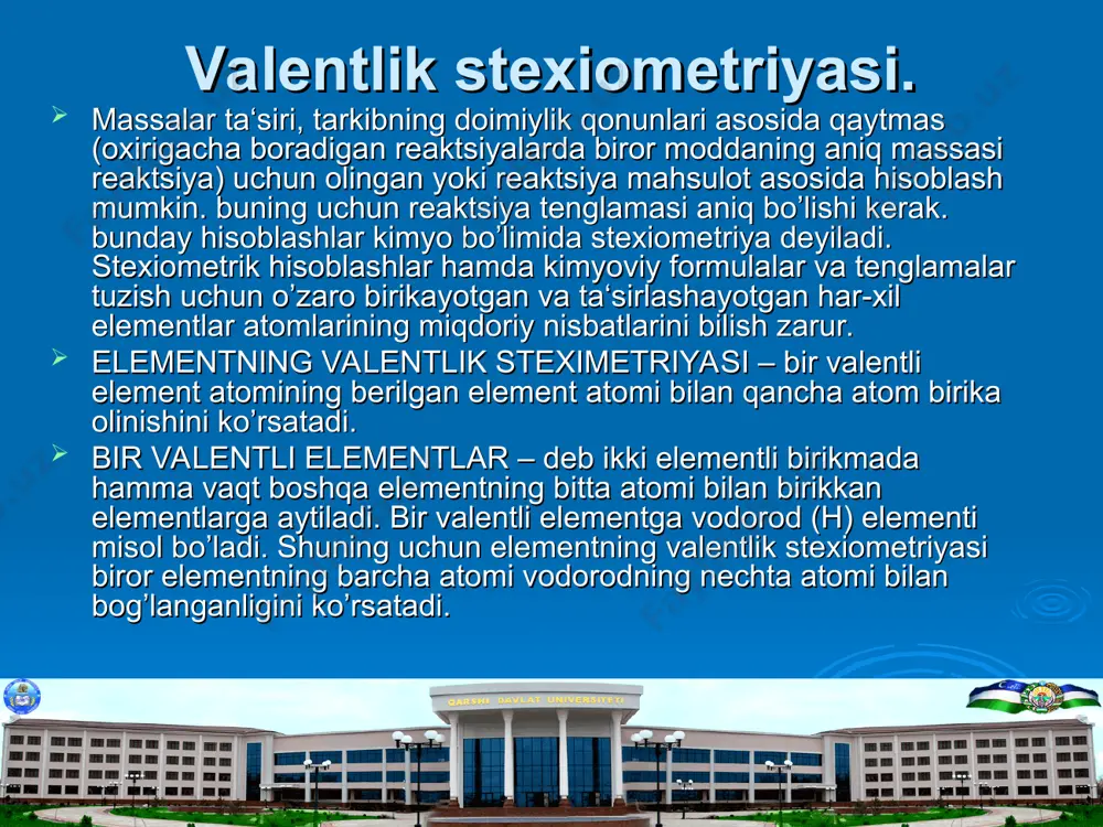 ir atomli ionlarga bo’lishi kerak. bunda qutbli kovalent bog’lanishlarga e‘tibor berish lozim, ya‘ni elektron juft ko’proq elektromanfiy element atomi tomoniga siljiganligiga va sof kovalent juftlanishlarga ega elektron juft har ikkala atomga teng bo’lganligi hisobga olinadi. shunday qilib, birikmalardagi ham bir element atomining elektr zaryadi yoki oksidlanish darajasini aniqlanadi. molekulalarda elementlarning oksidlanish darajalarining algebraik yig’indisi element atomlari soni hisobiga olinganda nolga teng bo’lishi kerak. masalan p2o5-molekulasida 2 ta fosfor atomining umumiy zaryadi +10 ga teng 5-ta kislorod atomining umumiy zaryadi esa –10 ga teng bo’lib, zaryadlar yig’indisi nolga tengdir. ionlarda oksidlanish darajalari – ko’p elementli ionlarda ham elementlarning oksidlanish darajalarini topishda xuddi yuqoridagidek molekulani tashkil etgan bir atomli ionlarga bo’linadi. masalan: so4-2, so3-2, nh4+ (s+6o4-2)2-, (s+4o3-2)2-, (n-3h4+)+ ko’p elementli ionlarda elementlarning oksidlanish drajalarining algebraik yig’indisi element atomlari hisobiga olinganda ion zaryadiga tengdir. masalan: nh4+ - ionida 4h+=+4, n=-3 ga teng bo’lganligi uchun ionlarning algebraik yig’indisi +1 ga teng, ya‘ni nh4+ zaryadiga …