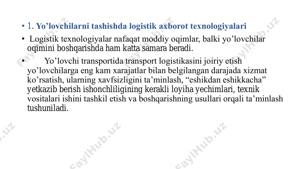 anday harakatlanayotganligini aniqlab beradi. hozirgi zamon gps tizimlari haydovchilar butun ish kuni davomida nazorat ostida ekanliklarini bilishlari sababli ham yo’nalishdan chetga chiqish yoki boshqa tartibbuzarliklarning oldini oladi. • yo’lovchilarni tashish texnologiyasida logistik yondoshuvning yana bir ahamiyati transport xizmatiga bo’lgan etiyojni aniqlashda transport xizmati bozorini segmentlashdir. bunda transport turini quyidagi mezonlarga qarab tanlash mumkin: • vaqt mezoni. agar yo’lovchining vaqti juda tig’iz hamda yengil (shaxsiy, yo’nalishsiz yoki yo’nalishli taksi) da ko’zlagan manziliga avtobusga qaraganda tezroq yetib boradigan bo’lsa, birinchisini afzal ko’radi • moliyaviy xarajatlar. transport turini tanlashda ba’zi toifadagi yo’lovchilar uchun asosiy mezon bo’lib yo’lovchilarni tashish uchung belgilangan tarif katta rol o’ynaydi (yo’lovchining moddiy ta’minlaganlik darajasi, ularga berilgan imtiyozlar, peresadkalar soni va boshqalar). • shaxsiy avtomobildan foydalanish zarurati. • ko’zlangan manzilgacha bo’lgan masofa mezoni 3. yo’nalishli transport vositalarining harakat tezliklarini logistik boshqarish • harakat miqdorining ortib ketishi magistral ko’chalarining yuklanganlik darajasi ortib ketishiga va ularda tirbandliklar yuzaga kelishiga olib keldi. tahlillar …