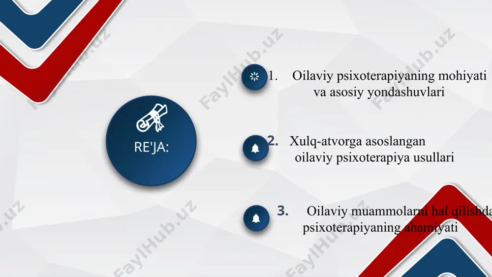 lizm yoki ruhiy muammolar bilan bog‘liq oilaviy inqirozlar. davomi… psixoterapevtlar quyidagi yondashuvlardan foydalanadi: sistemali yondashuv – oilani bir butun “tizim” deb ko‘radi va muammoni oila a’zolari o‘rtasidagi munosabatlar orqali tushuntiradi. kognitiv-behavoristik terapiya – xulq-atvor va fikrlashdagi salbiy naqshlarni aniqlab, ularni o‘zgartirish orqali oila muammolarini hal etadi. struktural terapiya – oiladagi rollar va chegaralarni aniqlashtirib, sog‘lom ierarxiyani tiklaydi. narrativ terapiya – oila a’zolari muammoni qanday “hikoya” qilib aytishini tahlil qiladi va ijobiy hikoyani qayta shakllantirishga yordam beradi. 8 xulq-atvorga asoslangan oilaviy psixoterapiya usullari xulq-atvorga asoslangan (yoki behavoristik) psixoterapiya oilaviy muammolarga konkret harakatlar, odatlar va reaktsiyalar orqali yondashadi. bu yo‘nalishda asosiy e’tibor xatti-harakatni kuzatish, baholash va o‘zgartirishga qaratiladi. 9 asosiy usullari: kuzatuv va baholash (monitoring): terapevt oila a’zolarining o‘zaro muloqotidagi muammoli xatti-harakatlarni aniqlaydi. pozitiv mustahkamlash: oila a’zolari bir-birining ijobiy harakatlarini maqtash va rag‘batlantirish orqali ularni ko‘proq takrorlaydi. model ko‘rsatish: terapevt yoki boshqa oila a’zolari orqali sog‘lom muloqot yoki ijobiy xulq namunasi namoyon …