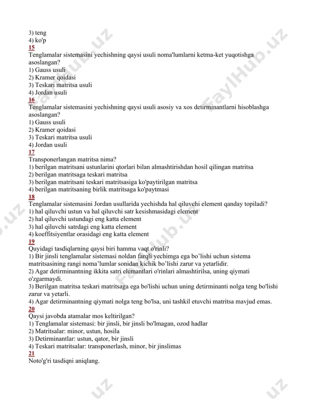 boshlang'ich ordinata 4) normallovchi 36 y=kx+b to'g'ri chiziq tenglamasidagi b nima deb ataladi? 1) burchak koeffitsiyenti 2) ozod son 3) boshlang'ich ordinata 4) normallovchi 37 qaysi javobda to'g'ri chiziq tenglamalarining turlari to'g'ri keltirilgan? 1) umumiy; burchak koeffitsiyentli; normal; kesmalarga nisbatan 2) umumiy; darajali; normal; kesmalarga nisbatan 3) umumiy; chiziqli; darajali; kesmalarga nisbatan 4) umumiy; burchak koeffitsiyentli; chiziqsiz; chiziqli 38 ikkinchi tartibli egri chiziqlar to'liq keltirilgan javobni aniqlang. 1) aylana; ellips; parabola; giperbola 2) shar; sfera; parabola; to'g'ri chiziq 3) aylana; shar; ellipsoida; sfera 4) parabola; giperbola; sinusoida; aylana 39 ... deb nuqtalarning shunday o'rniga ayiliadiki, uning ixtiyoriy nuqtasidan fokuslar deb ataluvchi ikkita nuqtagacha bo'lgan masofalar yig'indisi o'zgarmas bo'lib 2a ga teng bo'ladi. 1) ellips 2) giperbola 3) aylana 4) parabola 40 ... deb nuqtalarning shunday o'rniga ayiliadiki, uning ixtiyoriy nuqtasidan fokuslar deb ataluvchi ikkita nuqtagacha bo'lgan masofalar ayirmasi o'zgarmas bo'lib 2a ga teng bo'ladi. 1) ellips 2) giperbola 3) aylana …