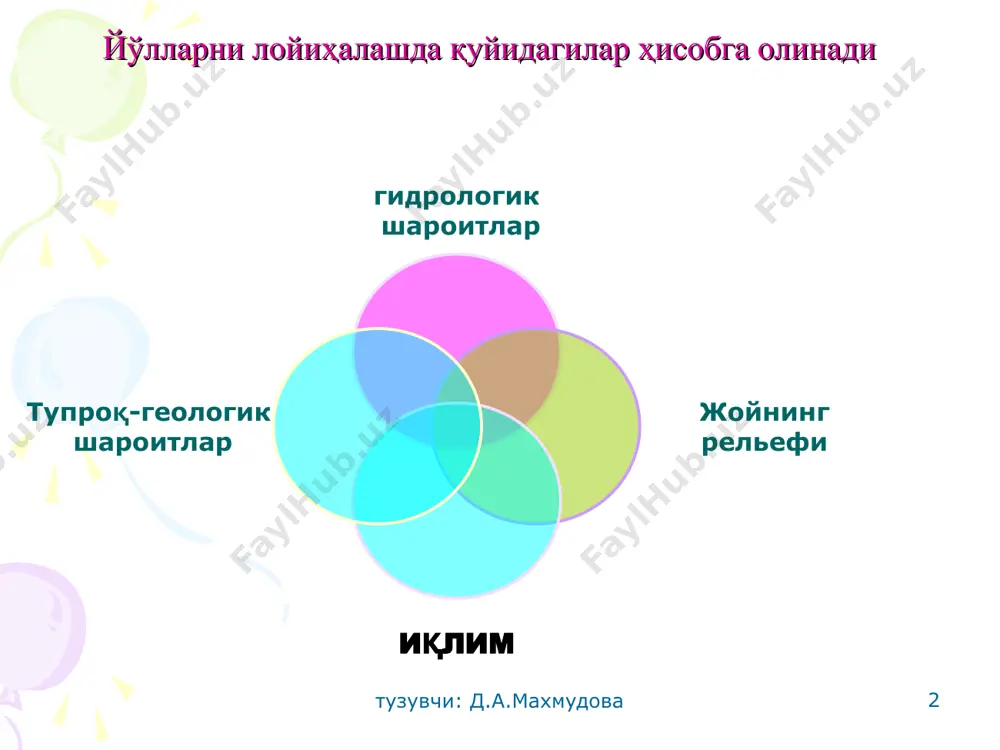 рлиги; 13-босимли сувларнинг ётиш чукурлиги; 14-ўпирилиш мавжуд булган жойлар тузувчи: д.а.махмудова тузувчи: д.а.махмудова йўл–иқлим графиги ҳаво ҳарорати ва намлиги музлаш чуқурлиги ёғингарчиликлар миқдори қор қопламининг қалинлиги шамол йўналиши тузувчи: д.а.махмудова тузувчи: д.а.махмудова источники увлажнения земляного полотна 1- автомобиль ғилдирагидан тушадиган юклама; 2- йўл тўшамаси; 3-атмосфера ёғинларининг қоплама ва йўл ёқасидан сингиб кириши; 4-диффузия намлиги; 5-капиллярлар орқали грунт сувларидан кўтарилувчи намлик; 6-ер юзаси тузувчи: д.а.махмудова d-йўл пойи- дан оқиб тушадиган сув e-грунтдаги намнинг буғланиши f-йўл пойидаги сувнинг пастга сингиши с-сизот сувларидан кўтариладиган (капилляр, буғсимон) в-йўлга ёндош жойдан оқиб тушадиган сув а-йўл пойига тушадиган ёғин-сочин миқдори сув баланси тенгламаси w=(a+b+c)-(d+e+f) тузувчи: д.а.махмудова йил давомида йўл пойи намлигининг ўзгариши (а.я. тулаев бўйича) ёзда йўл пойининг қуриши кузда намнинг дастлабки тўпланиши қишда йўл пойининг музлаши ва намнинг қайта тақсимланиши йўл пойидаги музнинг эриши ва ва грунтнинг баҳорда ўта намланиши йил давомида йўл пойидаги намликнинг ўзгариш цикли тузувчи: д.а.махмудова саволларингиз борми? тузувчи: д.а.махмудова эътиборингиз учун …