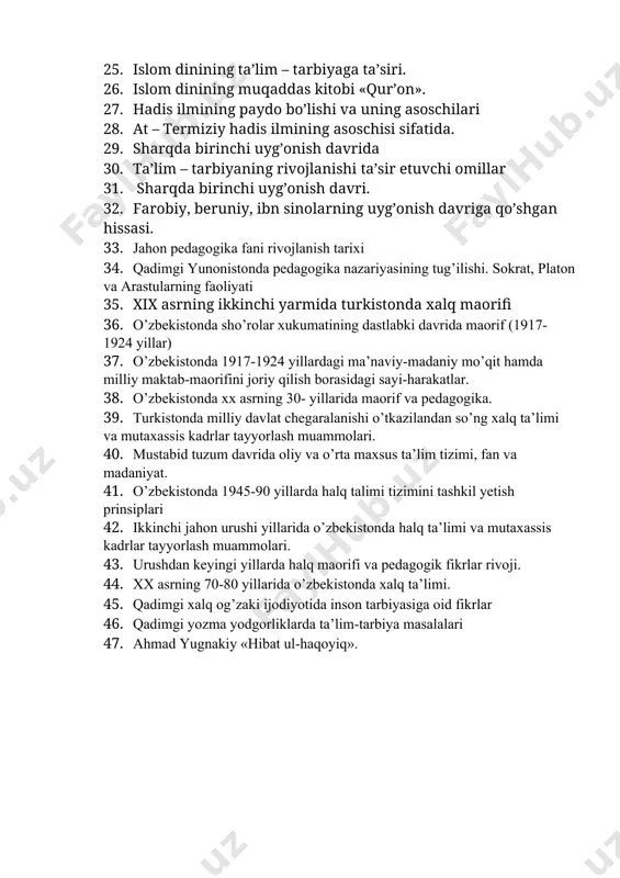 sh tarixi 34. qadimgi yunonistonda pedagogika nazariyasining tug’ilishi. sokrat, platon va arastularning faoliyati 35. xix asrning ikkinchi yarmida turkistonda xalq maorifi 36. o’zbekistonda sho’rolar xukumatining dastlabki davrida maorif (1917-1924 yillar) 37. o’zbekistonda 1917-1924 yillardagi ma’naviy-madaniy mo’qit hamda milliy maktab-maorifini joriy qilish borasidagi sayi-harakatlar. 38. o’zbekistonda xx asrning 30- yillarida maorif va pedagogika. 39. turkistonda milliy davlat chegaralanishi o’tkazilandan so’ng xalq ta’limi va mutaxassis kadrlar tayyorlash muammolari. 40. mustabid tuzum davrida oliy va o’rta maxsus ta’lim tizimi, fan va madaniyat. 41. o’zbekistonda 1945-90 yillarda halq talimi tizimini tashkil yetish prinsiplari 42. ikkinchi jahon urushi yillarida o’zbekistonda halq ta’limi va mutaxassis kadrlar tayyorlash muammolari. 43. urushdan keyingi yillarda halq maorifi va pedagogik fikrlar rivoji. 44. xx asrning 70-80 yillarida o’zbekistonda xalq ta’limi. 45. qadimgi xalq og’zaki ijodiyotida inson tarbiyasiga oid fikrlar 46. qadimgi yozma yodgorliklarda ta’lim-tarbiya masalalari 47. ahmad yugnakiy «hibat ul-haqoyiq». image1.emf microsoft_word_document1.docx