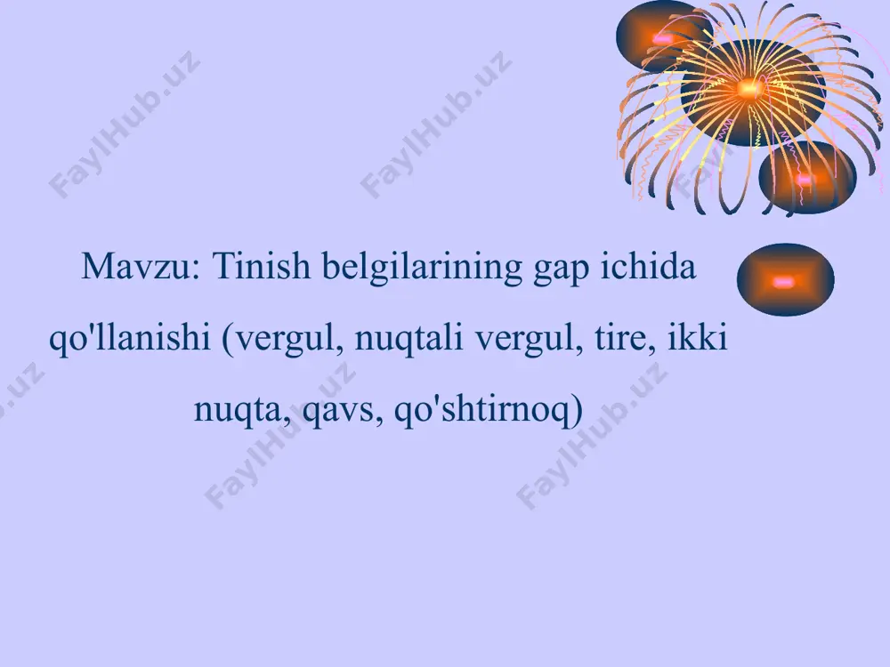 tish va o’qituvchi tomonidan qisqa vaqt ichida barcha o’quvchilarni baholay olishga yo’naltirilgan. tushunchalar mazmuni sintaksis tilning sintaktik qurilishini,ya’ni so’z birikmasi va gapni o’rgatuvchi tilshunoslik bo’limi. “sintaksis” grekcha so’z bo’lib, ”tuzish” demakdir. punktuatsiya tinish belgilari va ularni yozma nutqda to’g’ri qo’llash yo’l-yo’riqlarini o’rgatuvchi tilshunoslik bo’limi. talaffuzi yozilishi nuqta . vergul , so’roq ? undov ! ikki nuqta : nuqtali vergul ; tire __ qo’shtirnoq “” ko’p nuqta … qavs () tinish belgilari mavzuga oid mashqlar (99-100 betlar) 222-mashq.o’. hoshimovning kitob haqidagi fikrlarinio’qing, gaplarda tinish belgilarining ishlatilish o’rinlarini izohlang. ko’p kitob o’qish inson nutqiga qanday ta’sir qiladi? fikr bildiring. 221-mashq.matnni o’qing. tinish belgilarining vazifalarini izohlang. 223-mashq.gaplarni o’qing, ogohlik va hushyorlik haqida fikrlashing. tinchlik, halovat, fayzli, tarovatli so’zlarining ishlatilish o’rinlariga diqqat qiling. tinish belgilarining qo’llanilish o’rinlarini izohlang. 224-mashq.tog’ay murod asarlaridan olingan gaplarda qo’llangan tinish belgilarini izohlang. adibning qaysi asarlarini o’qigansiz? 224-mashq.tog’ay murod asarlaridan olingan gaplar berilgan.qaysi asaridan olinganligini va qanday tinish belgilari ishlatilganligini …