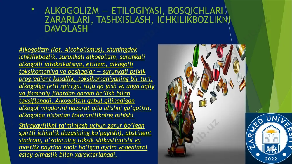 holda va asosan jigarda sodir bo’ladigan biotransformatsiya orqali chiqib ketadi. birinchi sutka davomida organizmdan spirtni chiqarib tashlash va parchalash davom etadi:sitozolda oksidlanishi: c2h5o + 2had → c2h4o + 2had°h — 70-80% etanolni metabolizatsiya qiluvchi va sog’lom odamlarda asosiy chiqib ketish yo’li. jigarning mikrosomal etanoloksidlovchi tizimi yordamida oksidlanish. nihoyat, to’qimalarning katalaza, oksidaza va peroksidazalari yordamida oksidlanish. sog’lom odamlarda u etanol metabolizmning 15 foizini tashkil etadi, alkogolizm bilan kasallangan bemorlarda uning miqdori oshadi. alkogolizm bosqichlari👇👇👇 ushbu kasallik patologiya sifatida bir necha bosqichdan o’tadi, bunda ular alkogolli qaramlikning bosqichma-bosqich ko’payishi, spirtli ichimliklar ichishda o’zini nazorat qilishni yo’qotish, shuningdek, alkogol bilan surunkali intoksikatsiya natijasida chaqirilgan turli somatik buzilishlarning progressiv rivojlanishi bilan tavsiflanadi. alkogolizmning eng oddiy differentsiatsiyasi ichkilikbozlikning klinik va ruhiy alomatlari, shuningdek iste’mol qilinadigan spirtli ichimliklar miqdori va kunlik soniga asoslanadi. bunda shaxs spirtli ichimliklarni qay tartibda ichishi bo’yicha quyidagi guruhlar ajratiladi: biz alkogolga qarshimiz 🚭🚱 alkogolizmning birinchi bosqichida 👉bemorda spirtli ichimliklar iste’mol qilishga …
