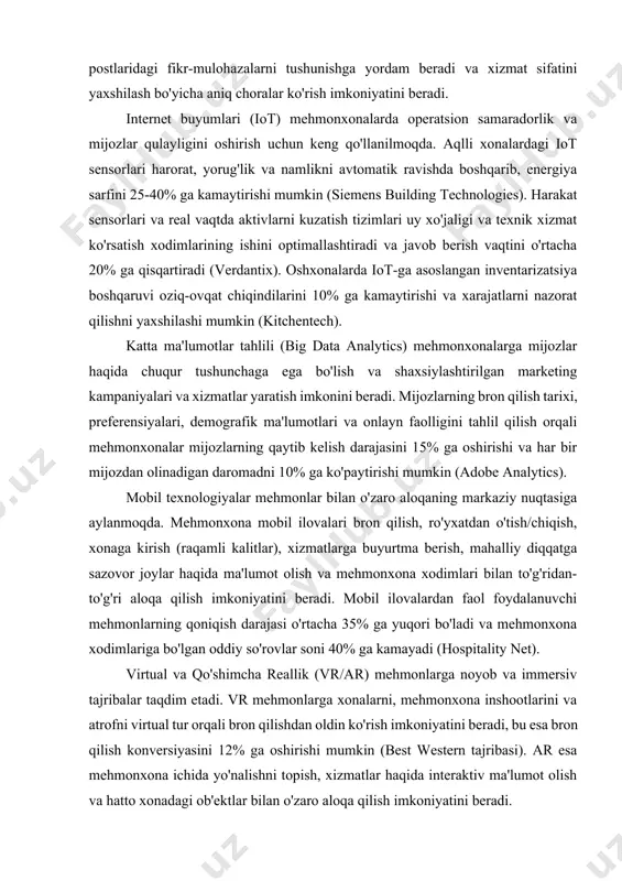 ish mehmonxona biznesiga ko'plab muhim afzalliklarni taqdim etadi, jumladan mijozlar tajribasining sezilarli darajada yaxshilanishi (o'rtacha nps ko'rsatkichining 20% ga o'sishi), operatsion samaradorlikning misli ko'rilmagan darajada oshishi (xona tozalash vaqtining 30% ga qisqarishi), xarajatlarni optimallashtirish (energiya xarajatlarining 20-25% ga kamayishi), daromadning maksimal darajaga yetkazilishi (revpar ko'rsatkichining 15-20% ga o'sishi) va raqobatbardosh ustunlikning mustahkamlanishi. bundan tashqari, iat mehmonxonalarga katta hajmdagi ma'lumotlarni real vaqt rejimida yig'ish va tahlil qilish orqali strategik va taktik qarorlarni yanada asosli va samarali qabul qilish imkoniyatini beradi. biroq, iatni joriy etish va undan samarali foydalanish bir qator potentsial muammolarni ham o'z ichiga oladi. yuqori dastlabki investitsiyalar (umumiy daromadning 8-15% gacha), texnologiyalarni muntazam ravishda yangilash va ularga texnik xizmat ko'rsatish zarurati, malakali it mutaxassislarining yetishmasligi, kiberxavfsizlik xavfi (mehmonxona sanoati kiberhujumlar uchun eng zaif sohalardan biri hisoblanadi, 2024-yilda o'rtacha ma'lumotlar buzilishi xarajati 4.5 million aqsh dollarini tashkil etdi - ibm security), shuningdek, xodimlarning yangi texnologiyalarga moslashishidagi qiyinchiliklar va integratsiya masalalari …