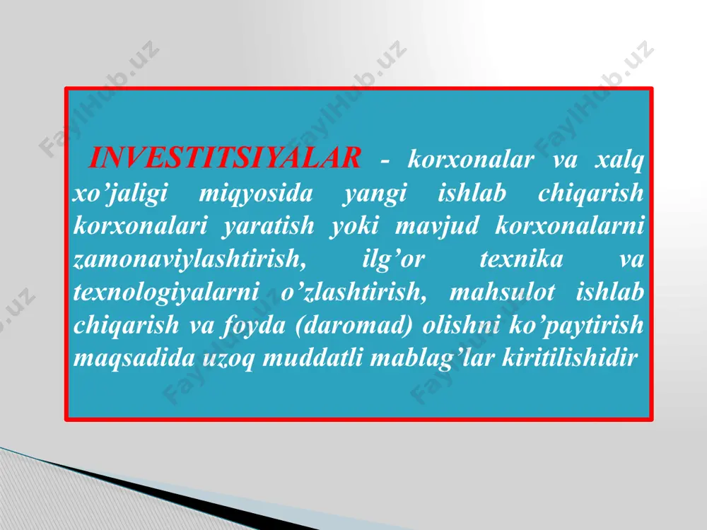 sita s. deb ataladi. s. davlat tomonidan qaytarib olmaslik sharti bilan ajratiladi. investitsion loyihalarning samaradorligini baholash usullari sodda (oddiy) usullar loyiha daromad (foyda)liligini aniqlash; loyiha rentabelligini aniqlash; diskontlashlash usullari sof joriy (diskontlashgan) daromadni aniqlash; daromadlilikning ichki meyorini aniqlash; investitsiyalarni qoplanish muddatlarini aniqlash diskontlashgan qoplanish muddatini aniqlash daromadlilik indeksini aniqlash; oddiy baholash usullarida investitsiyalarning vaqt davomida qiymati o`zgarishi hisobga olinmaydi, yani xarajatlar ham, daromadlar ham amalga oshirilgan ( olingan) davrdagi qiymatlarida hisoblanadi. loyiha foydasi = loyiha daromadlari - loyiha xarajatlari loyiha rentabelligi = (loyiha foydasi / loyiha foydasi ) *100% loyihaning qoplanish muddati = kapital xarajatlar / yillik foyda investitsion loyihaning sof diskontlashgan daromadi (sdd) quyidagicha aniqlanadi: bu yerda: nt – hisob-kitoblarning t-qadamida erishiluvchi natijalar; xt – xuddi shu qadamda amalga oshiriluvchi xarajatlar; t – hisob-kitoblarning vaqt muddati; e - diskont normasi. agar investitsion loyihaning sdd miqdori ijobiy bo`lsa, (sdd › 0), loyiha samarali hisoblanadi xarajatlar va ularning natijalari miqdorini keltirish …