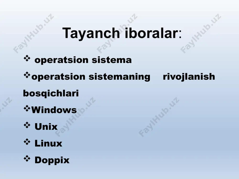 аri bilаn ishlаsh imkоniyati sаqlаngаn. windows xp ot windows vista ot windows 7 ot windows 8 ot windows 10 ot oynasining ko’rinishi unix operatsion tizimi unix operatsion (amaliy) tizimi. bell laboratoriyasi tomonidan yaratilgan tarmoq operatsion tizimi. ilk bor unix operatsion tizimi bell laboratory tomonidan 1969 yili taklif qilingan, azaldan tarmoqlarda ishlatish uchun mo’ljallangan edi. hozirgi kunda unix, si tilida yozilgan ko’p foydalanuvchili va ko’pmasalali operatsion tizim. unix ot 32 razryadli ko’p vazifali ko’p(kishi) foydalanadigan operatsion tizimlardir. unix ning kuchli tomoni shundaki, bitta tizimning o’zi turli kompyuterlarda – super kompyuterlardan shk gacha foydalaniladi, bu hol tizimni bir mashina arxitekturasidan boshqasiga kam sarf bilan o’tkazish imkonini beradi. linux operatsion (amaliy) tizimi linux operatsion (amaliy) tizimi. o’zagi unix operatsion tizimi asosida ishlangan, tarmoq operatsion tizimi. linux ilk bor 1991yili linius torvalds tomonidan chiqarilgan. linuxning muhim xususiyatlaridan biri – u bepul dasturiy ta’minot fondi doirasida, oshkora litsenziyasiga ko’ra bepul tarqatiladi. asosan, internetda va intratarmoqlarda …
